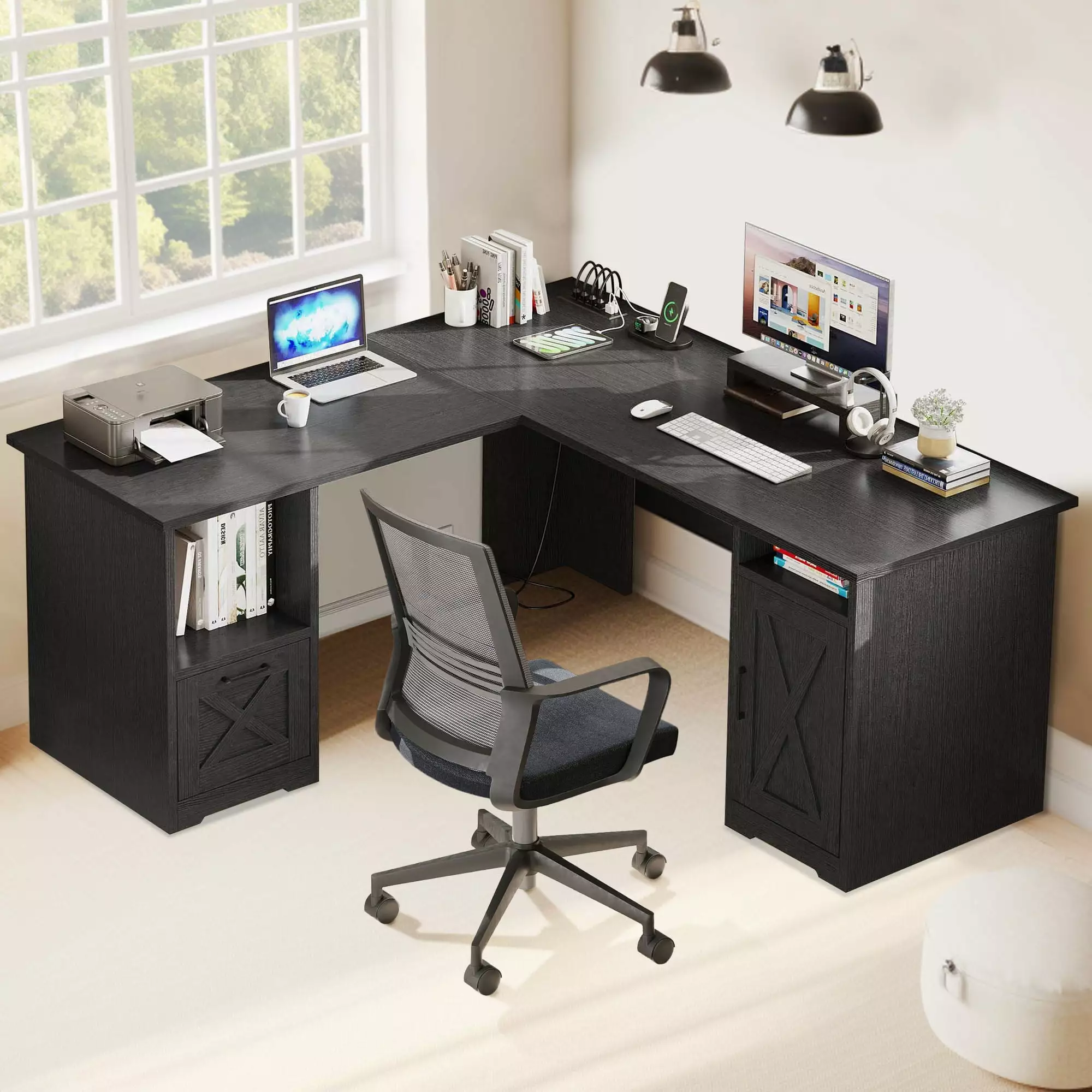 DWVO 59 Inch L-Shaped Desk Power Outlet USB Ports Office Desk File Cabinets Large Computer Desk Black