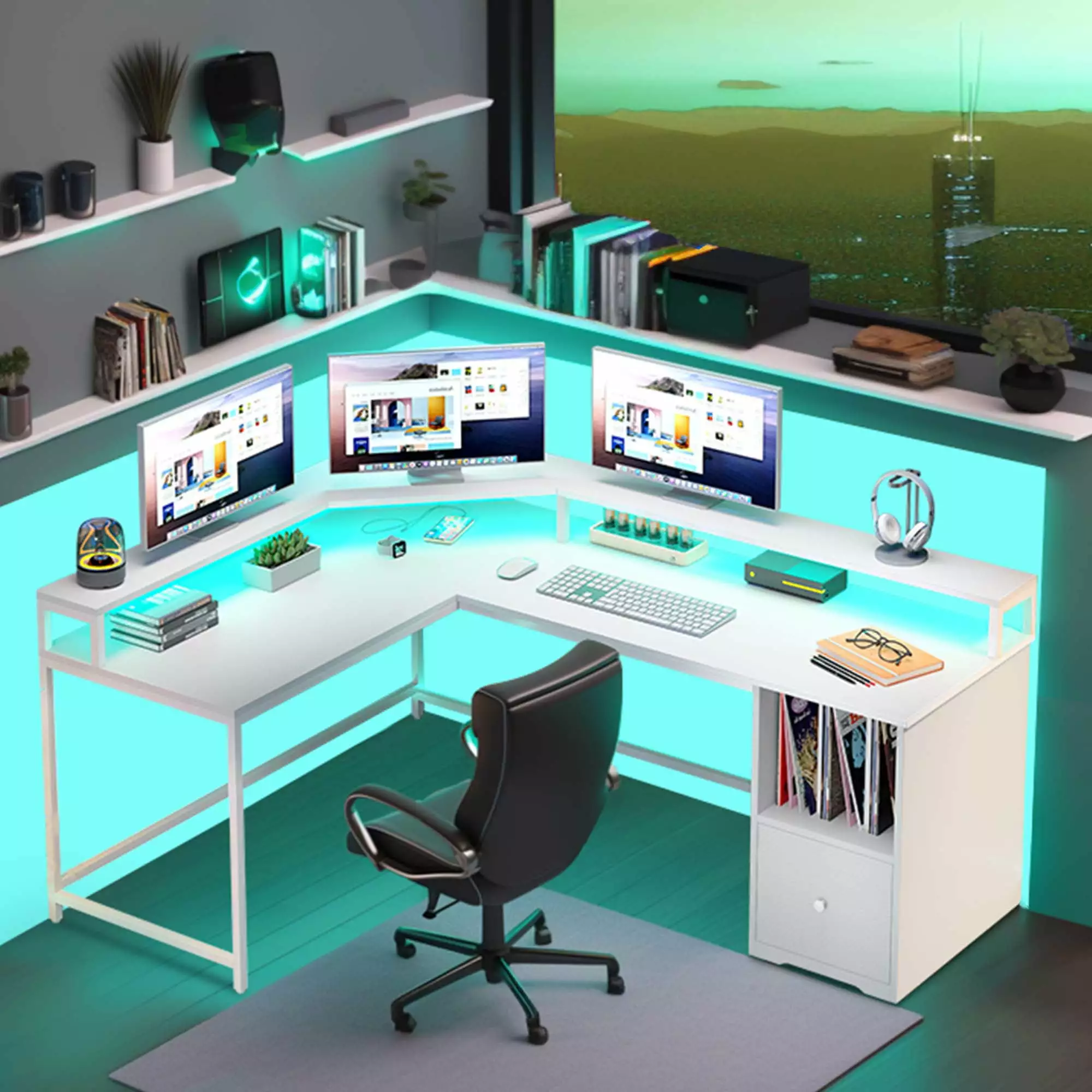 DWVO 67 Inch L Shaped Desk LED Light Power Outlets White Corner Gaming Desk