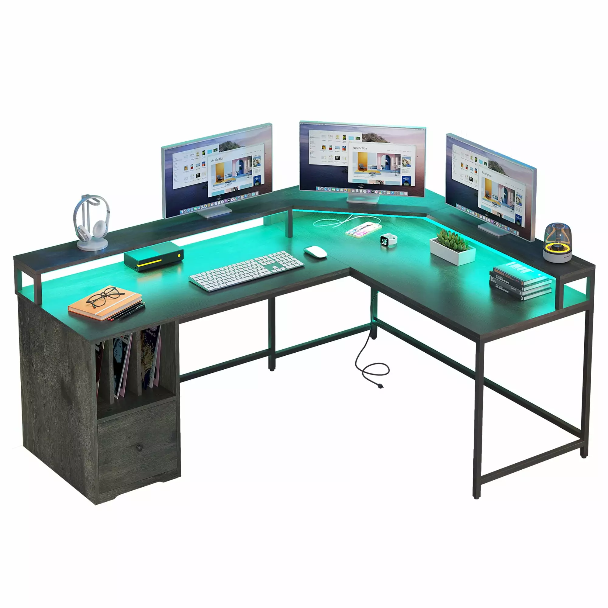 DWVO 67 Inch L Shaped Desk LED Light Power Outlets Gray Corner Gaming Desk