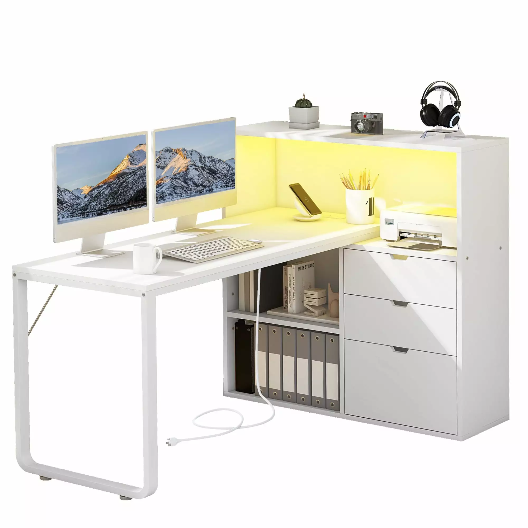 DWVO 55 Inch L Shaped Desk LED Lights Drawers Power Outlets Storage Shelves White Corner Office Desk