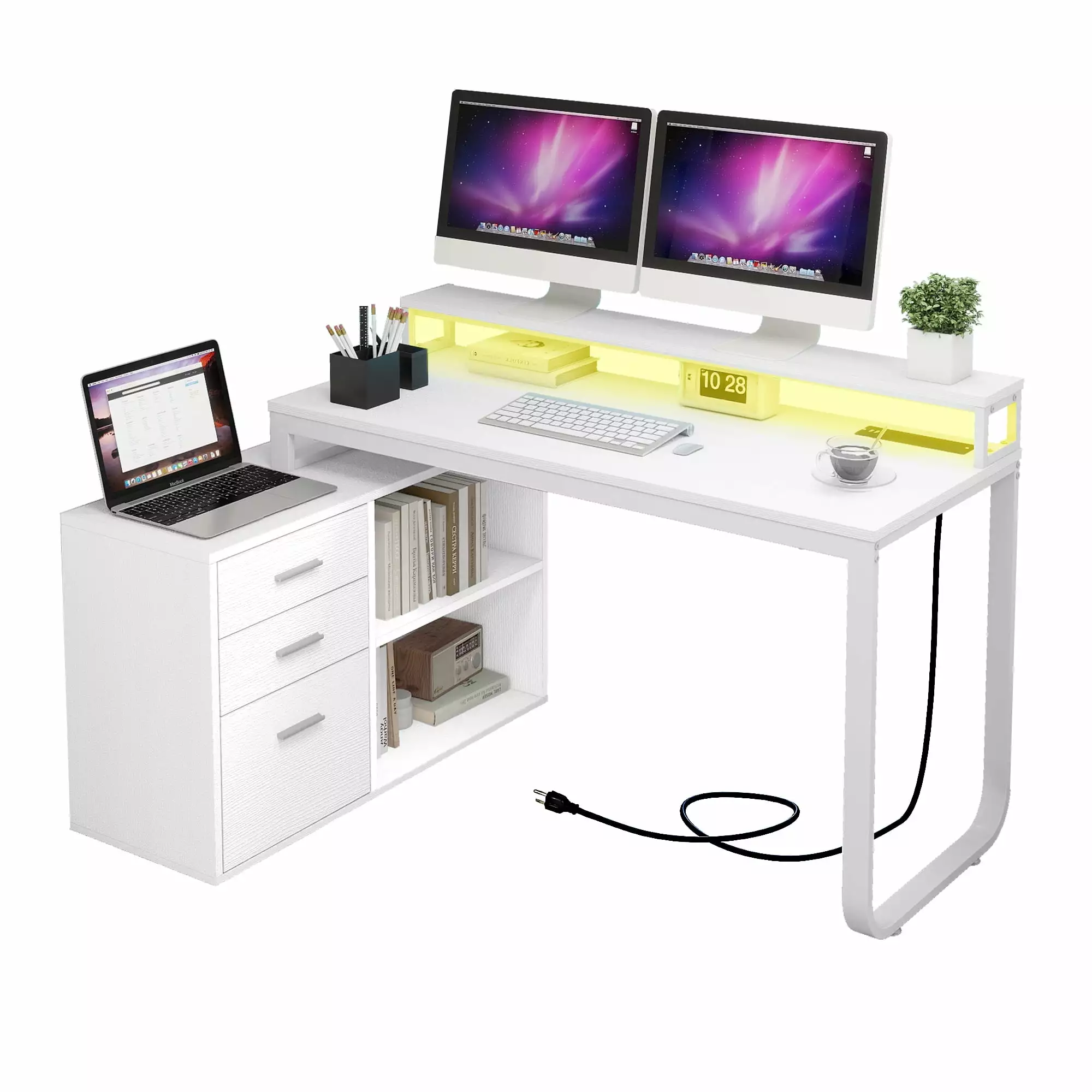 DWVO 55 L Shape Desk LED Corner Computer Desk Drawers Storage Shelves