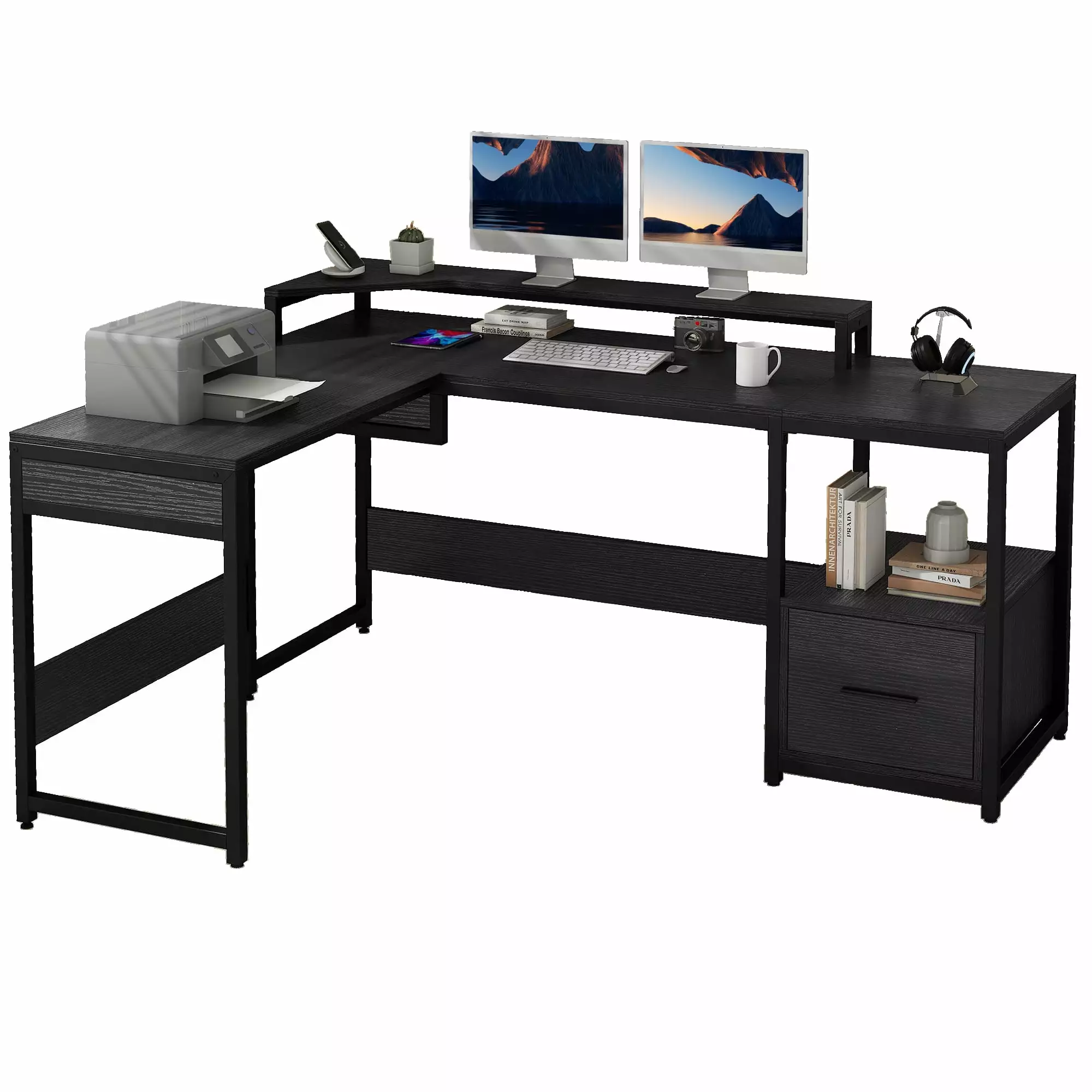 DWVO L Shaped Computer Desk File Drawer and Lift Top Height Adjustable Standing Desk Black