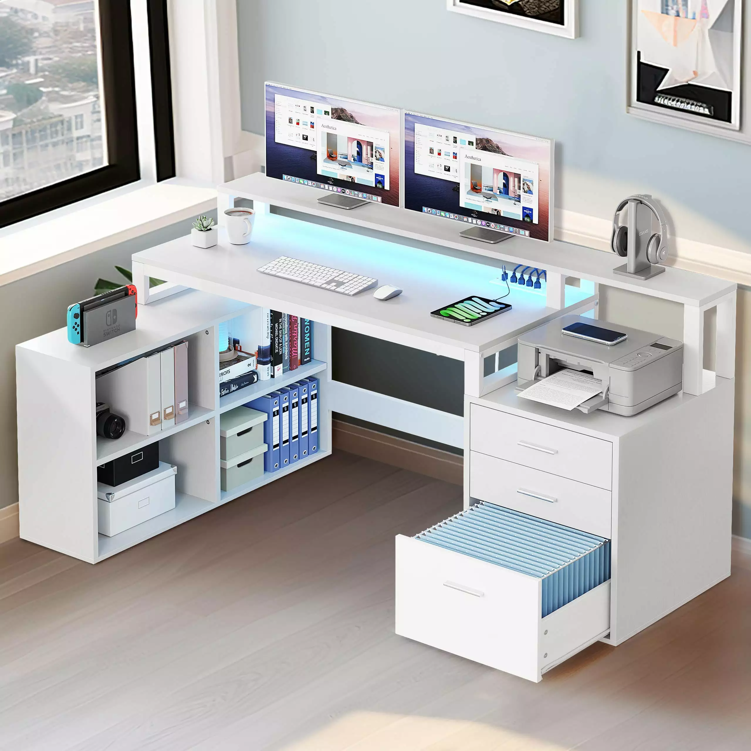 DWVO 65 L Shaped Desk LED Light Power Outlets File Cabinet Drawers White Office Desk
