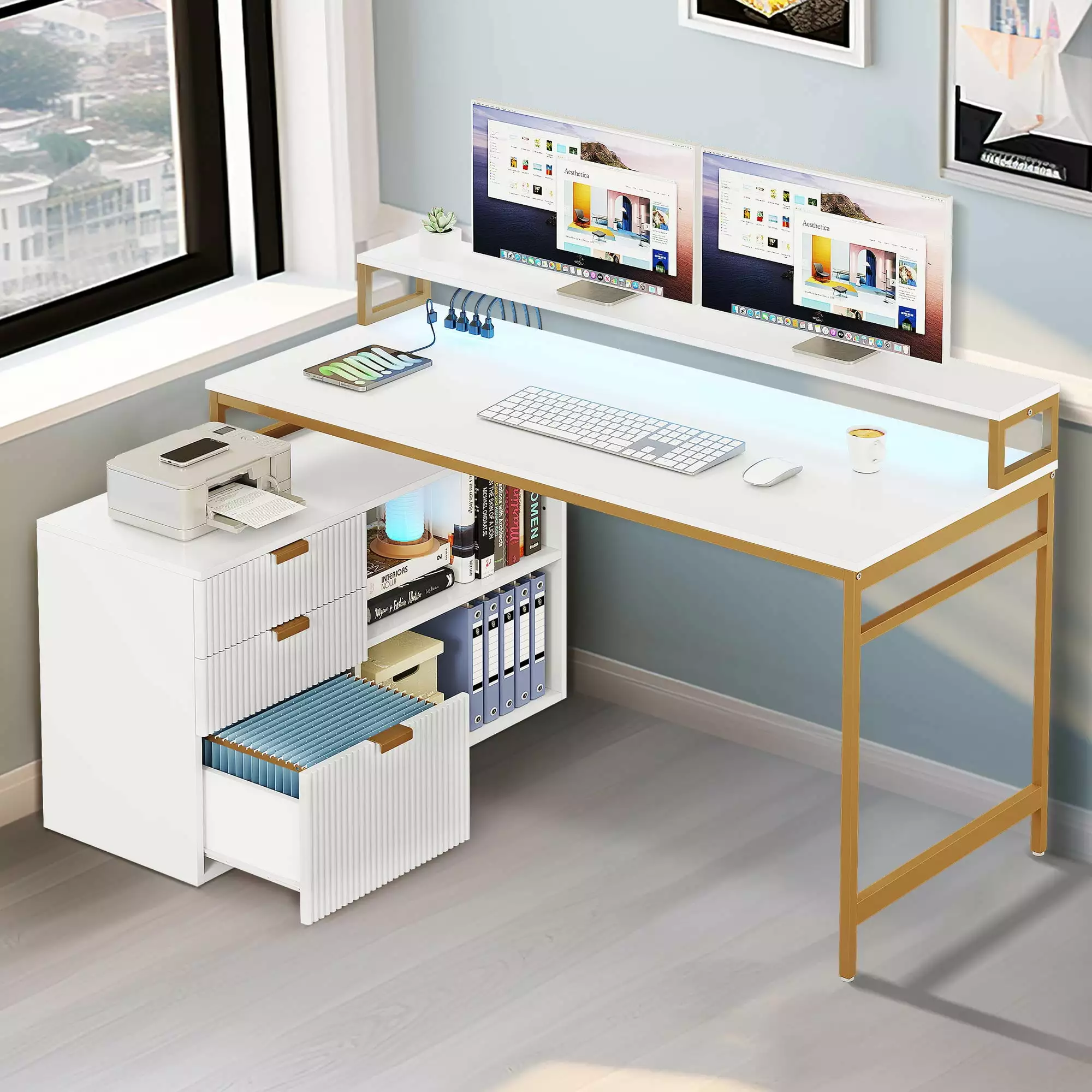 DWVO L Shaped Desk Power Outlets LED Lights File Cabinet 55 Inch Large Computer Corner Desk White Gold