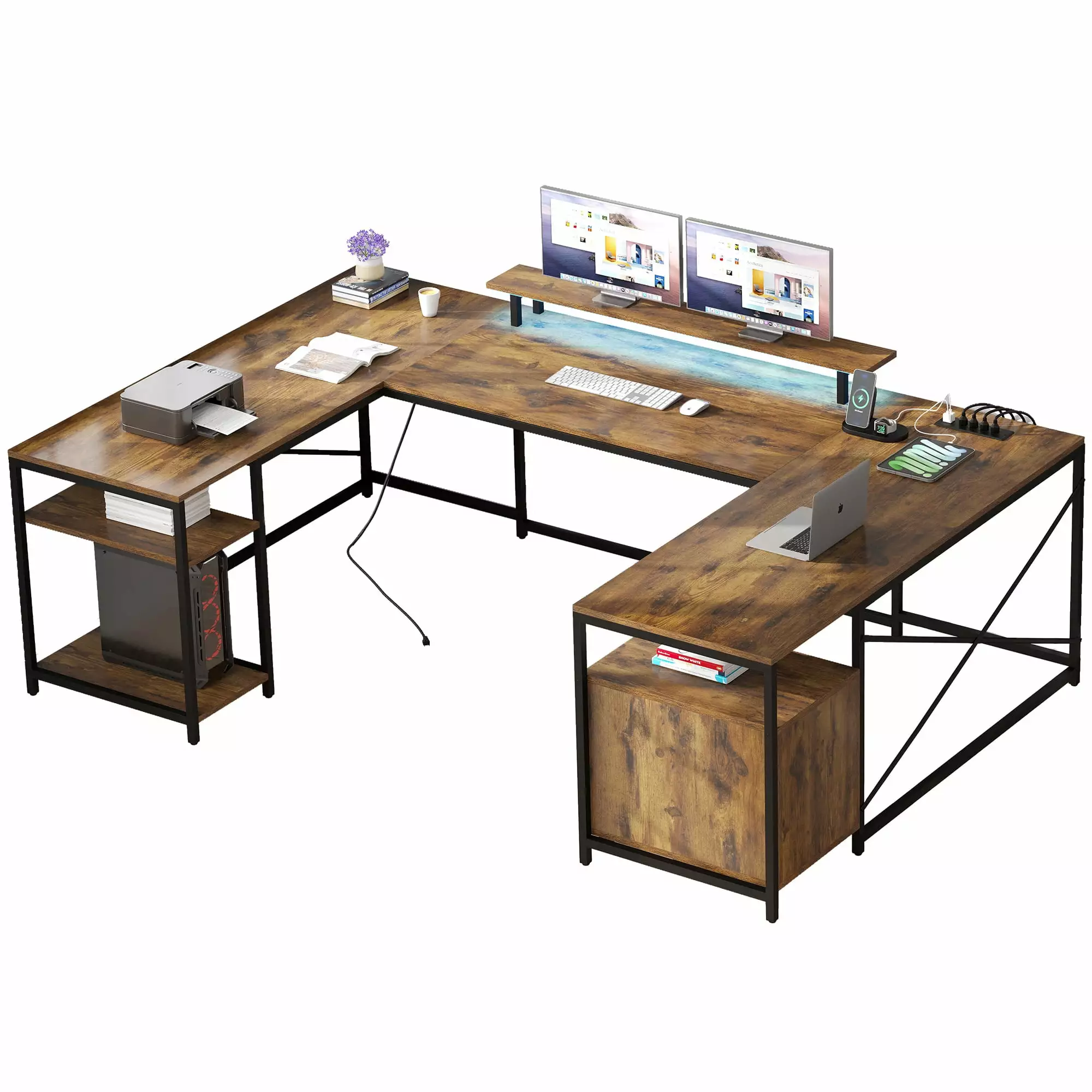 DWVO L Shaped Desk Power Outlets LED Lights Reversible Computer Desk Storage Shelves Rustic Brown
