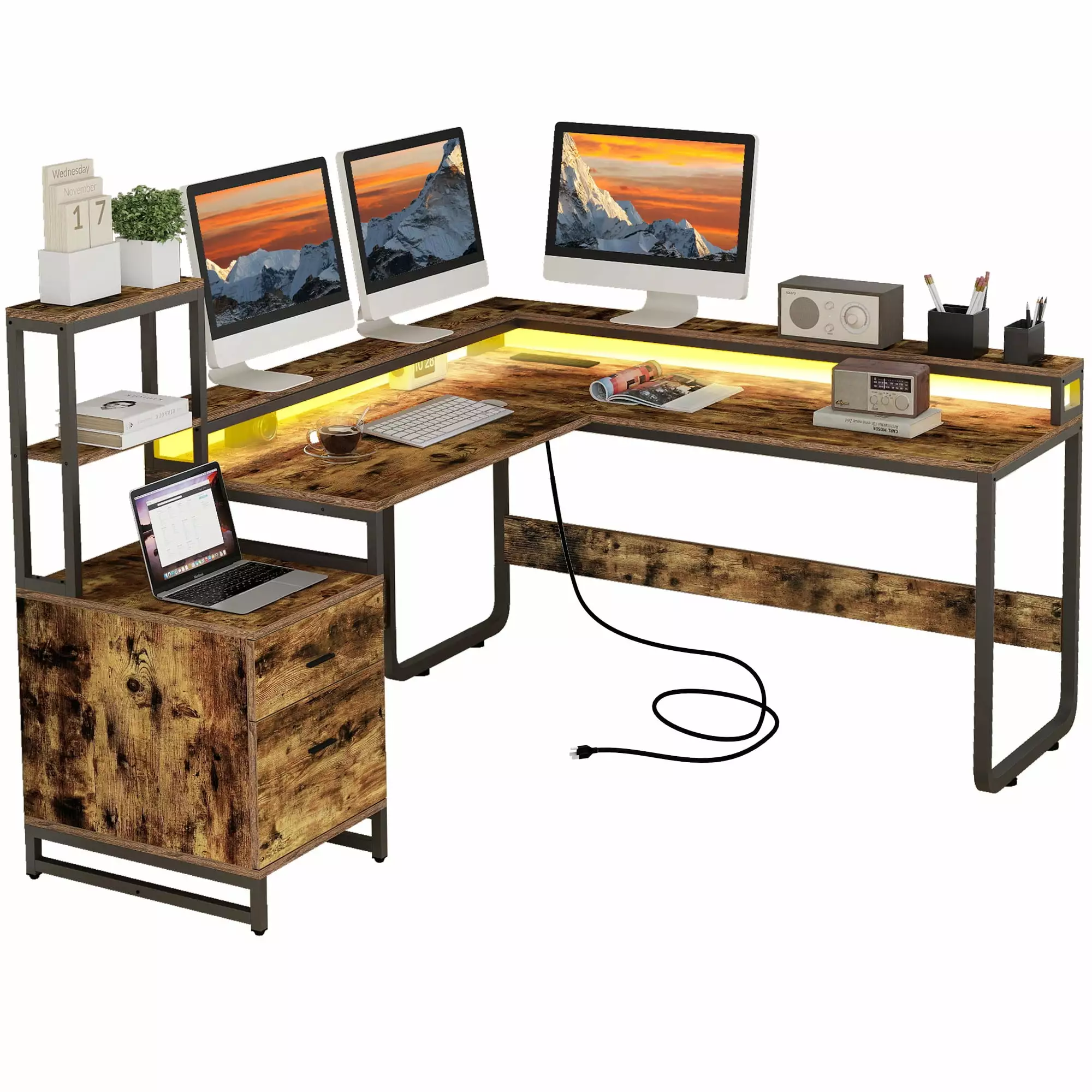 DWVO L Shaped Desk Power Outlets and LED Lights Reversible Computer Desk Drawers