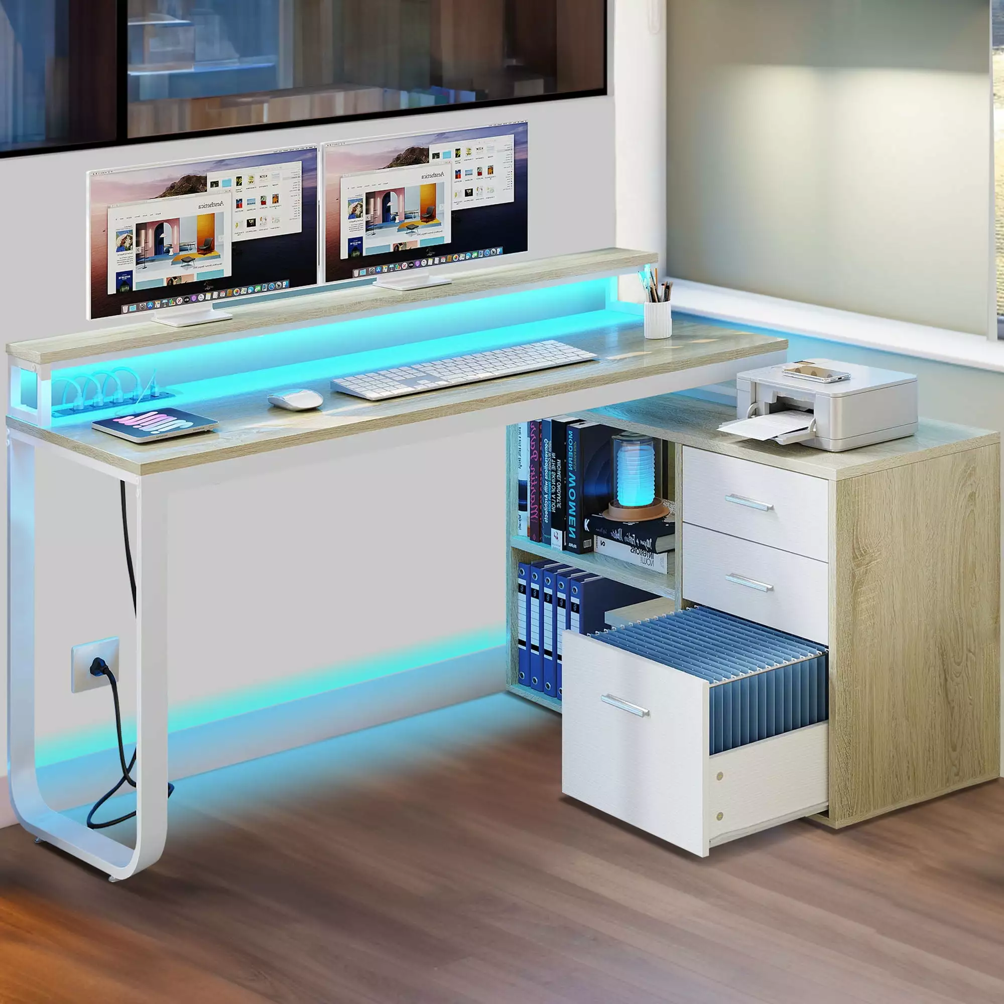 DWVO 55 L Shaped Desk Power Outlets and Monitor Stand Computer Desk LED Light & File Cabinet Corner Desk 3 Drawers White M...