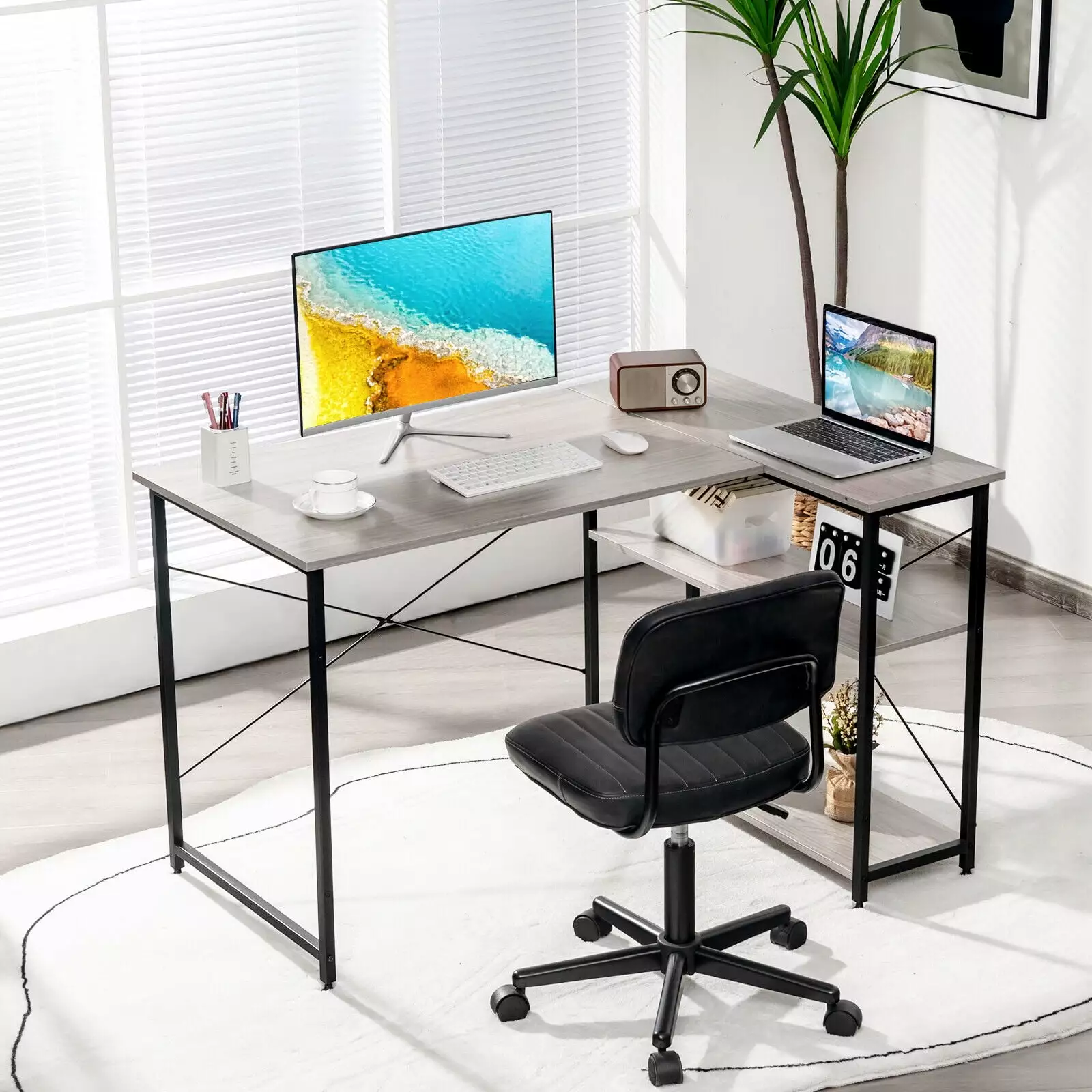 Exdeerjoy 48 L-shaped Corner Computer Desk Reversible L-shaped Writing Desk Storage Shelves Gray
