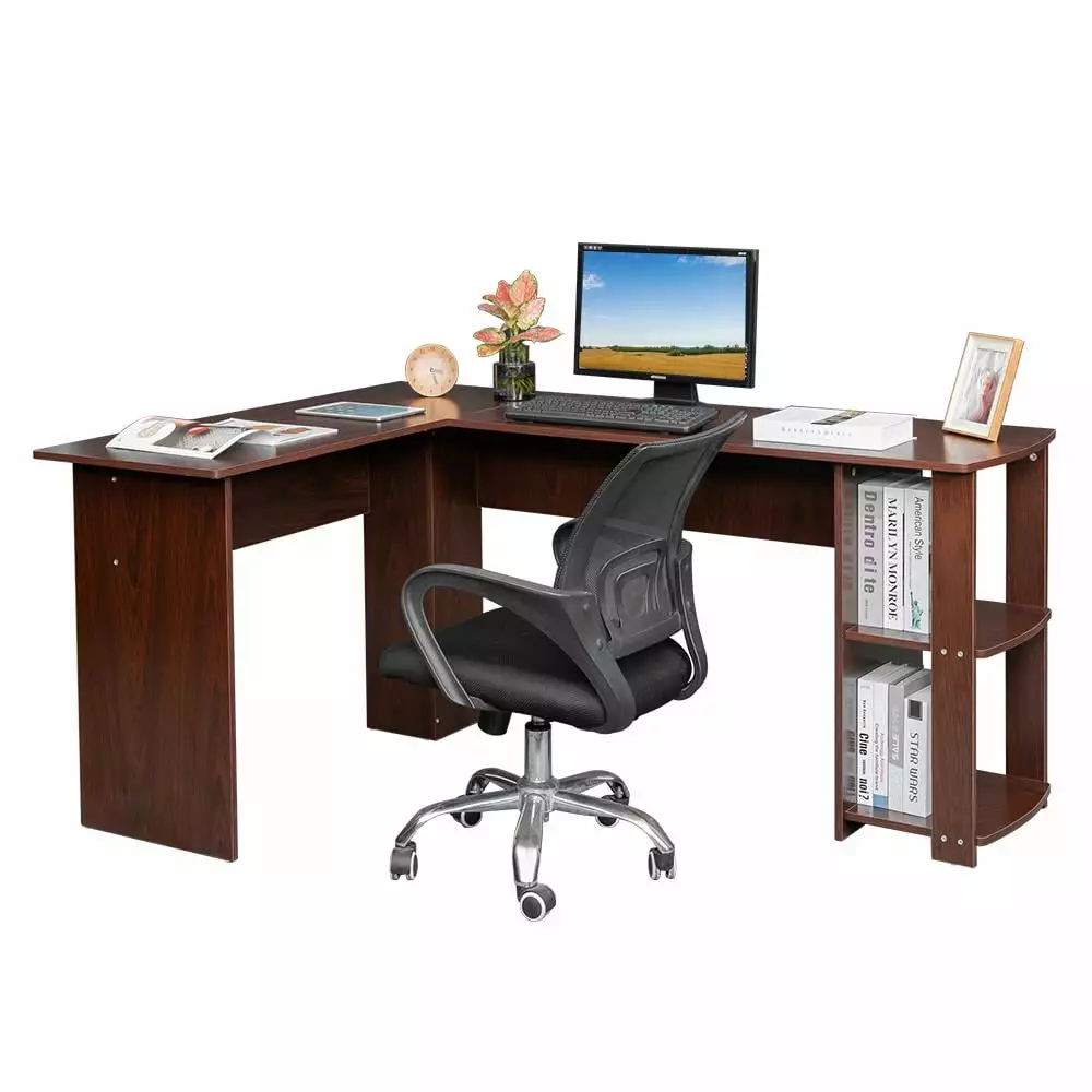 BaytoCare L-Shaped Wood Corner Desk Computer Desk 2-layer Bookshelves Home Office Brown FCH