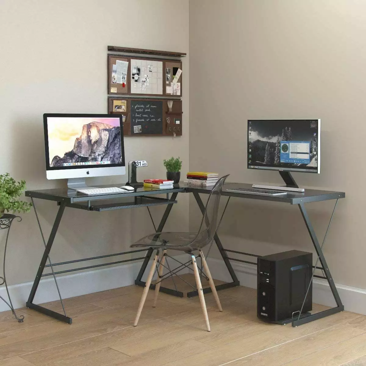 EasingRoom L-Shape Computer Desk Corner Desk Glass Laptop Table Home Office Black FCH