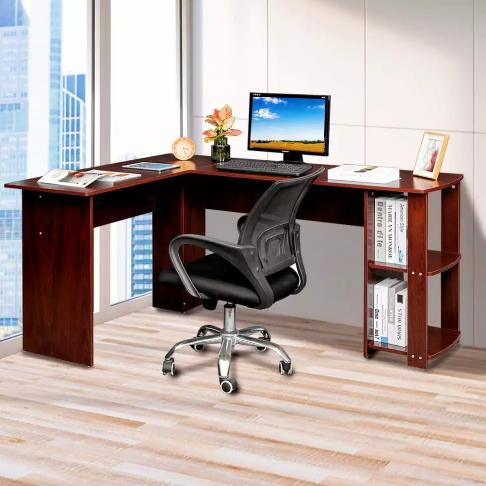 FCH L-Shaped Computer Desk Workstation Shelves Laptop PC Office Furniture Dark Brown