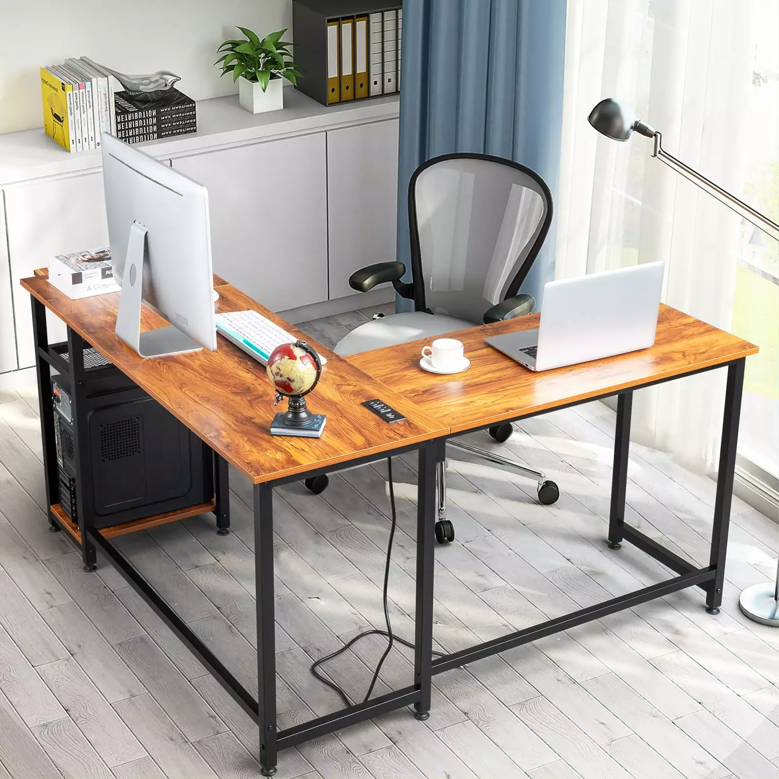 SamyoHome L-Shaped Computer Desk USB Charging Station Corner Desk Home Office Rustic Brown FCH