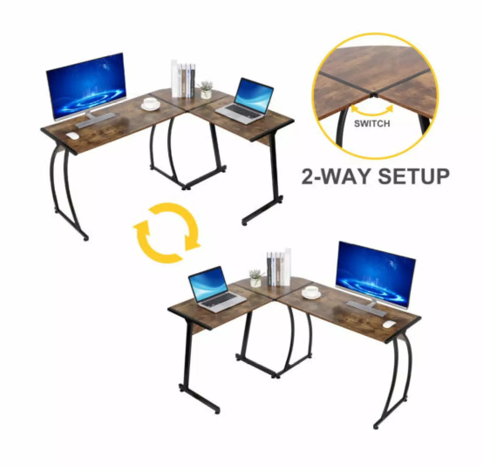 FENG20 L Shaped Brown Corner Desk Computer Gaming Laptop Table Workstation