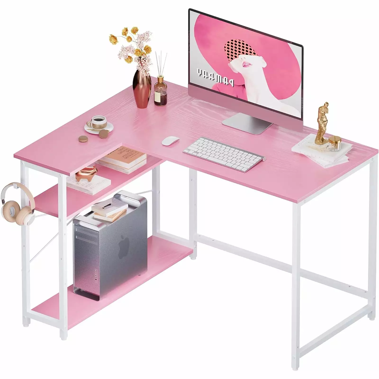 WM 43 Inch L-Shaped Computer Desk Reversible Side Storage Shelf Pink and Grey Small Spaces FHWM-C