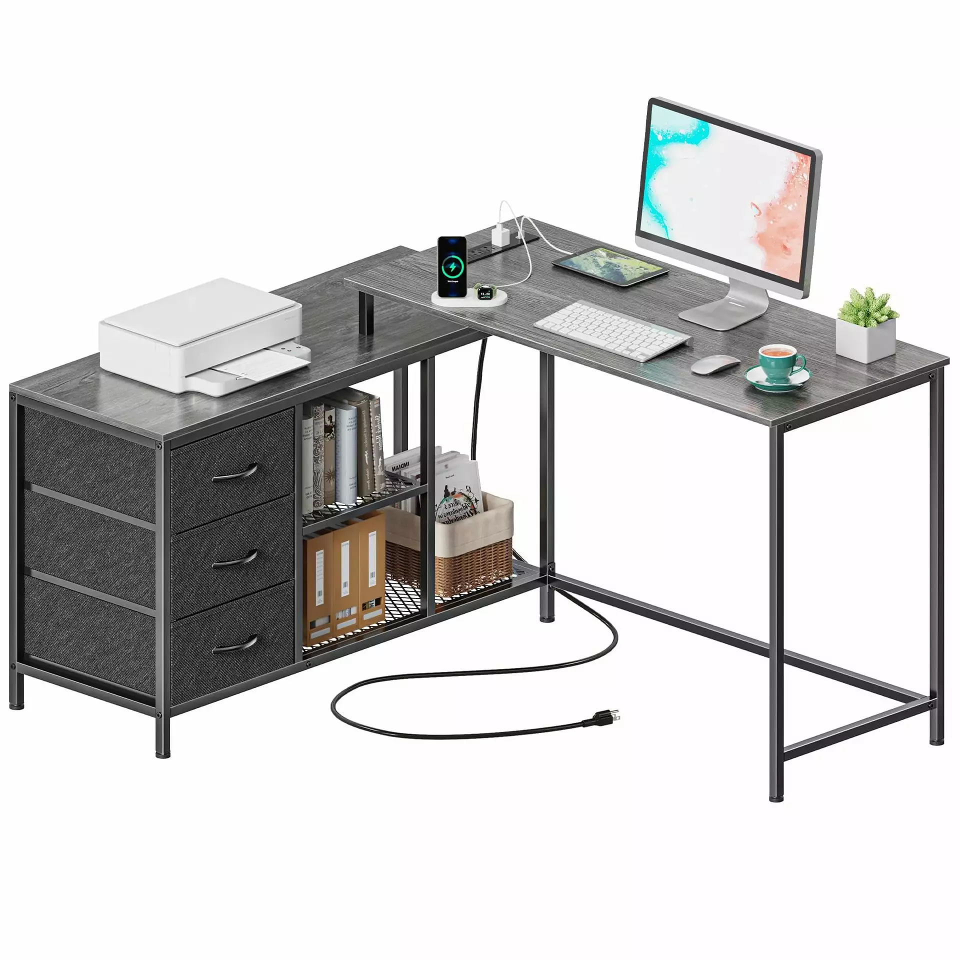 WM L Shaped Desk Power Outlets Drawers Shelves Corner Desk Gaming Desk Home Office Desk Black FHWM-C