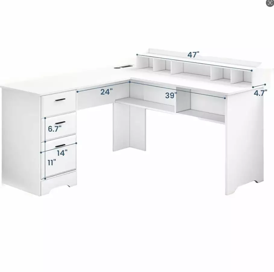 White L-Shaped Executive Desk File Cabinet - Home Office Computer Workstation Writing Desk FHWMB12