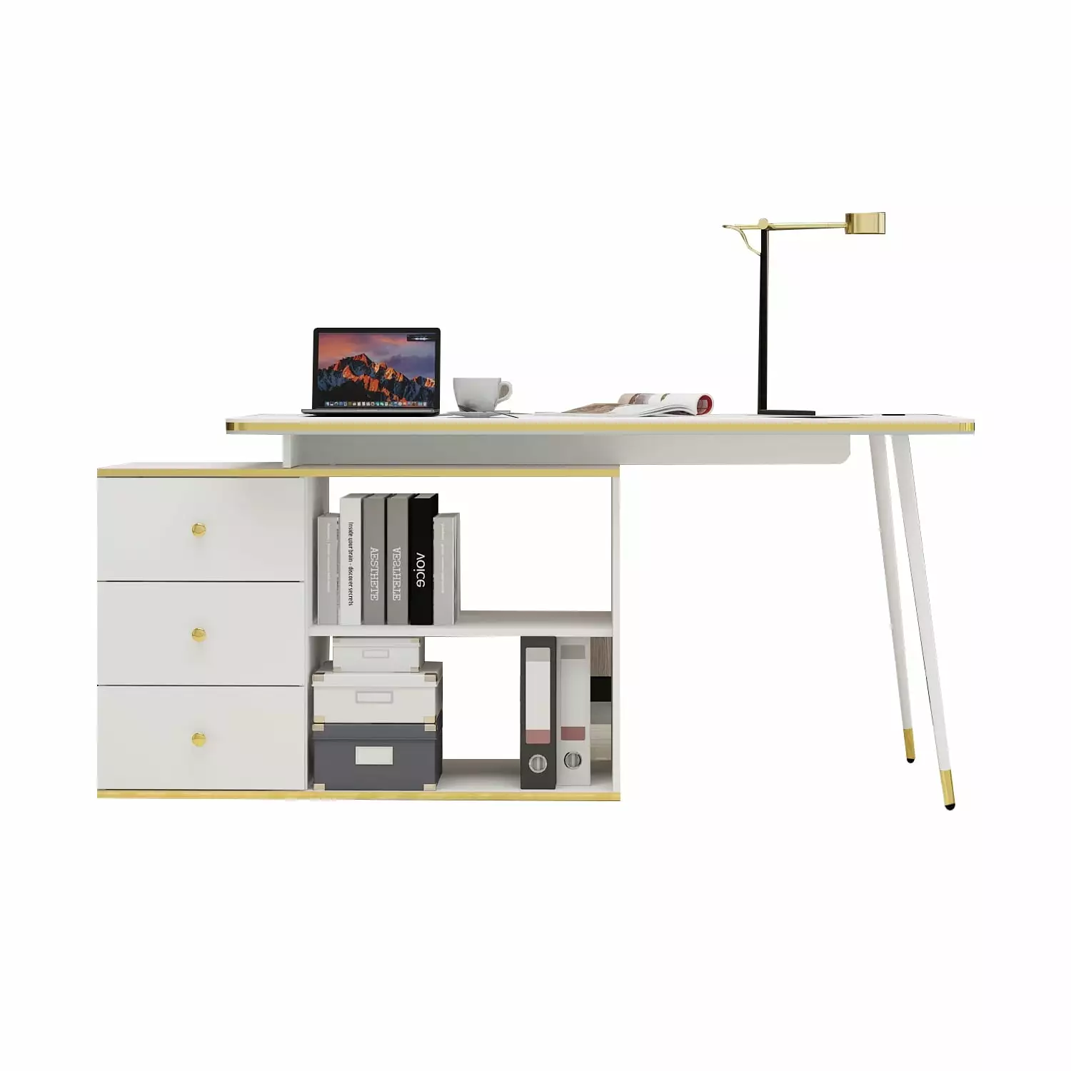 FUFU&GAGA L-Shaped Computer Desk Drawer and Storage Shelves Modern Corner Desk FUFU & GAGA