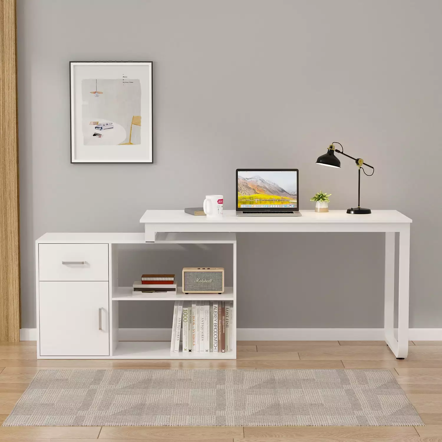 FUFU&GAGA Modern 55 inch Reversible L-Shaped Office Desk Open Shelves Drawer and Cabinet FUFU & GAGA