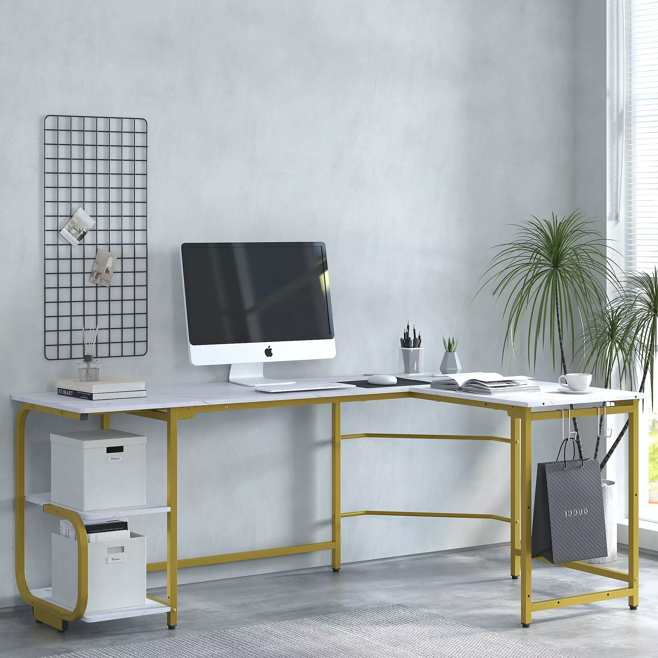 GEZEN 70 L Shape Computer Desk 2-tier Bookshelf Storage White Gold Frame