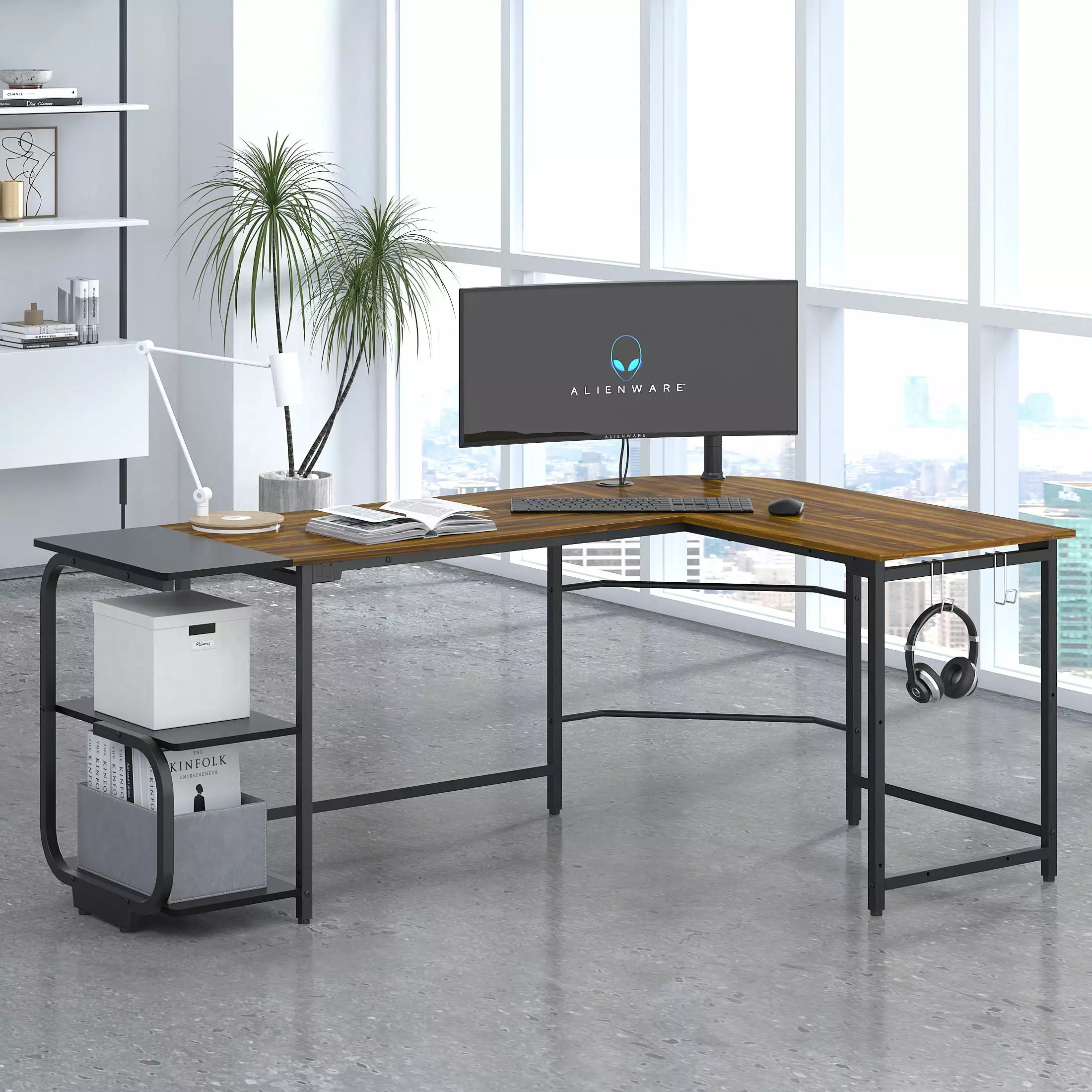 GEZEN 70 L Shape Computer Desk 2-tier Bookshelf Storage Home Office Corner Computer Table Hooks Teak Brown