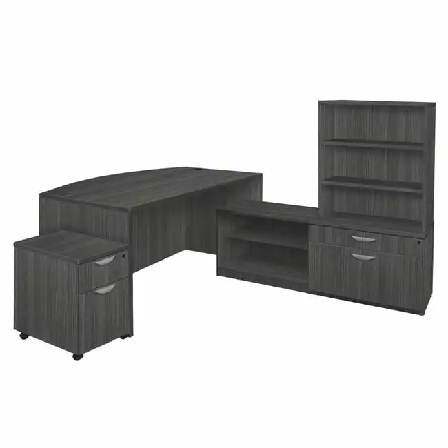 71 Legacy Hi-Low Bow Front L-Desk Open Hutch and Mobile Pedestal Ash Grey GSI Homestyles