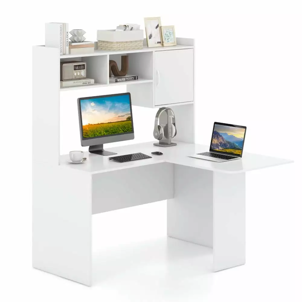GVN L-Shaped Desk Corner Computer Desk Open Storage Hutch and Cabinet White Bedroom Gaming Desk
