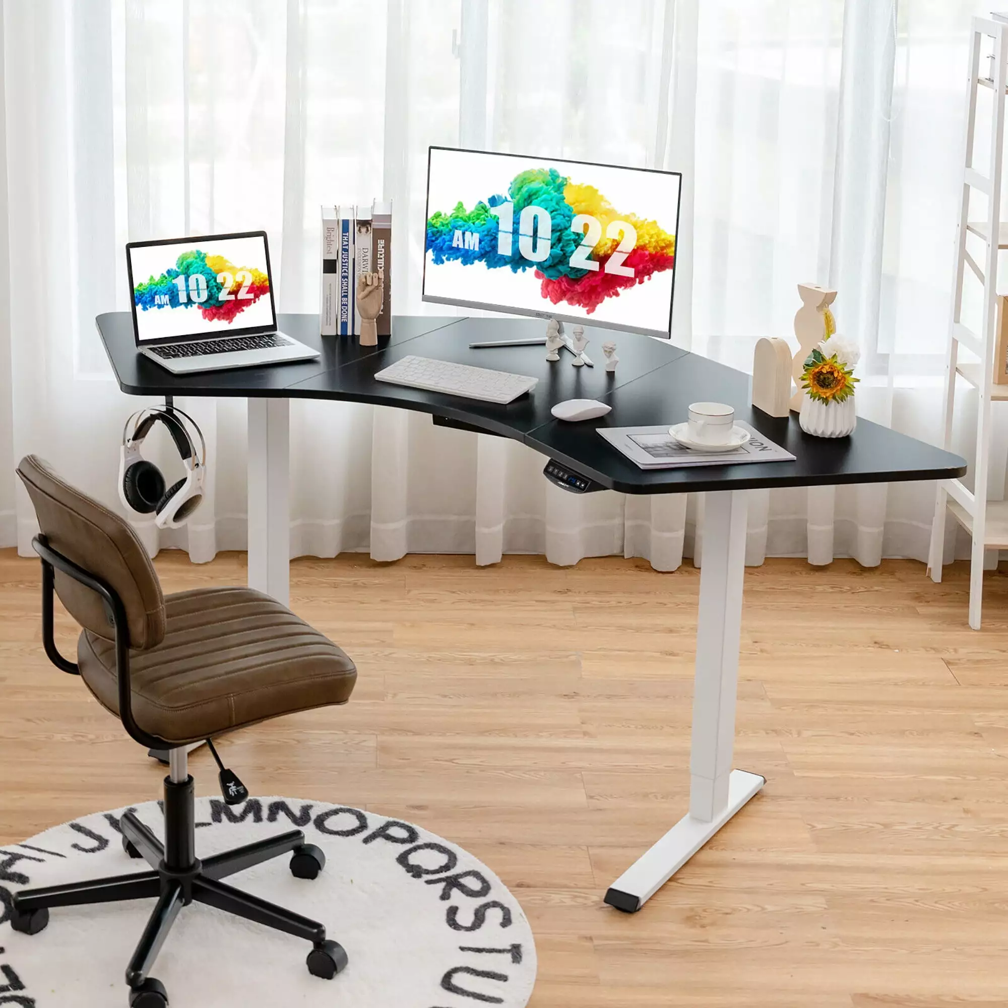 Gymax Dual-Motor L Shaped Standing Desk Ergonomic Sit Stand Computer Workstation White Black