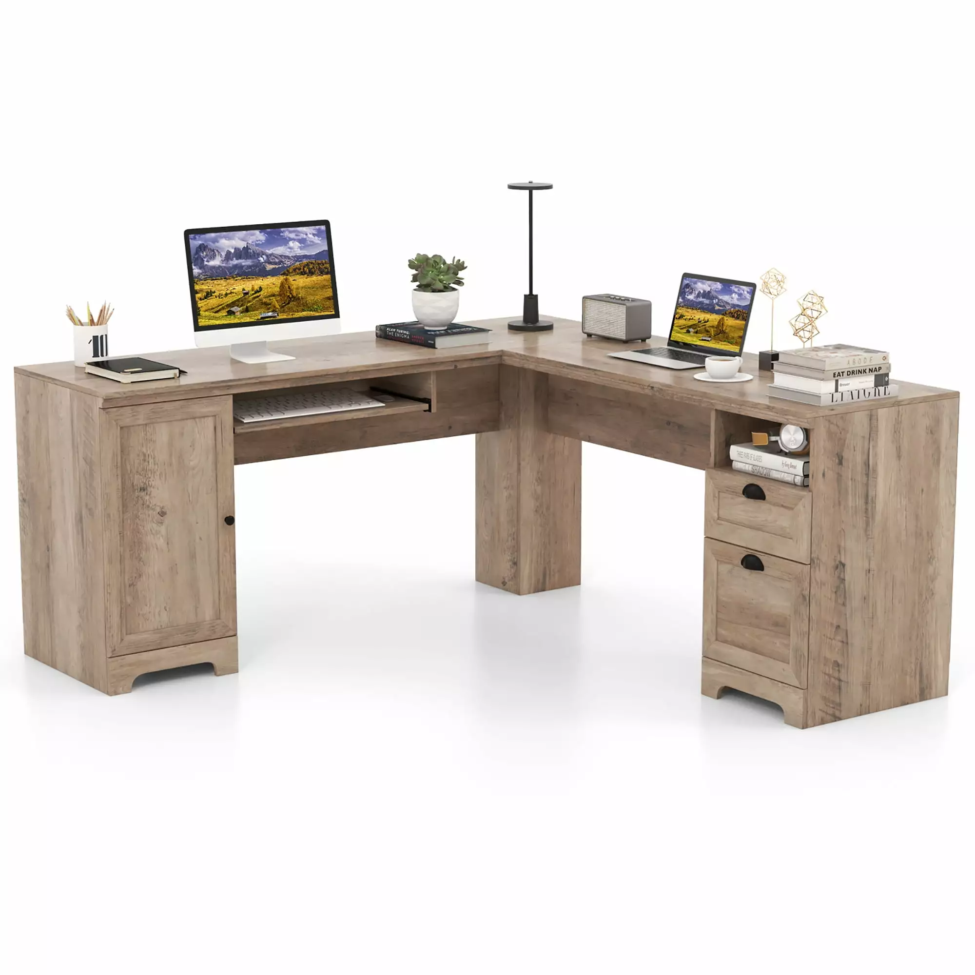 Gymax 66 Inch L-Shaped Computer Desk Drawers and Cabinet Spacious Corner Desk