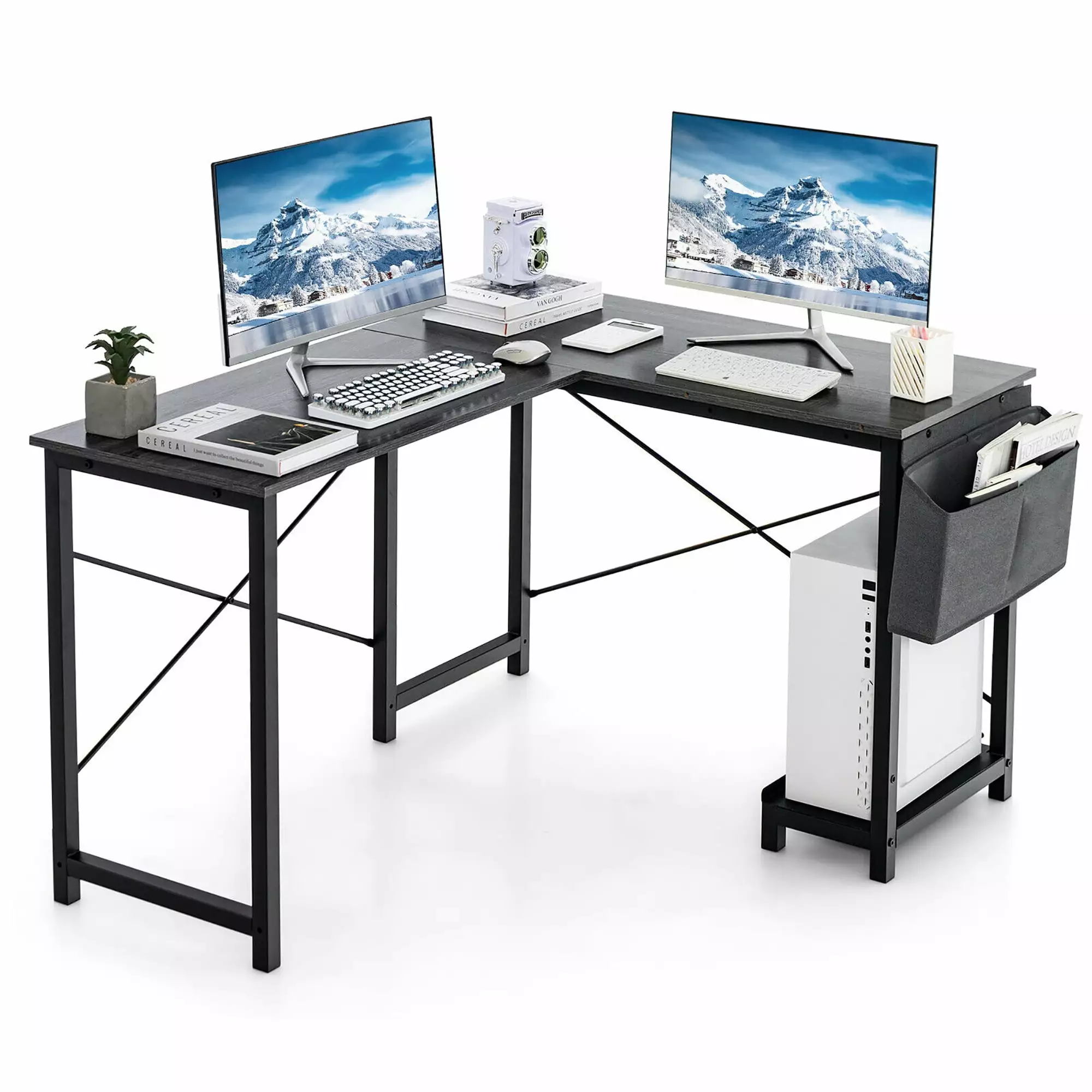 Gymax L-Shaped Computer Desk Reversible Side Storage Bag & Host Stand Dark Gray