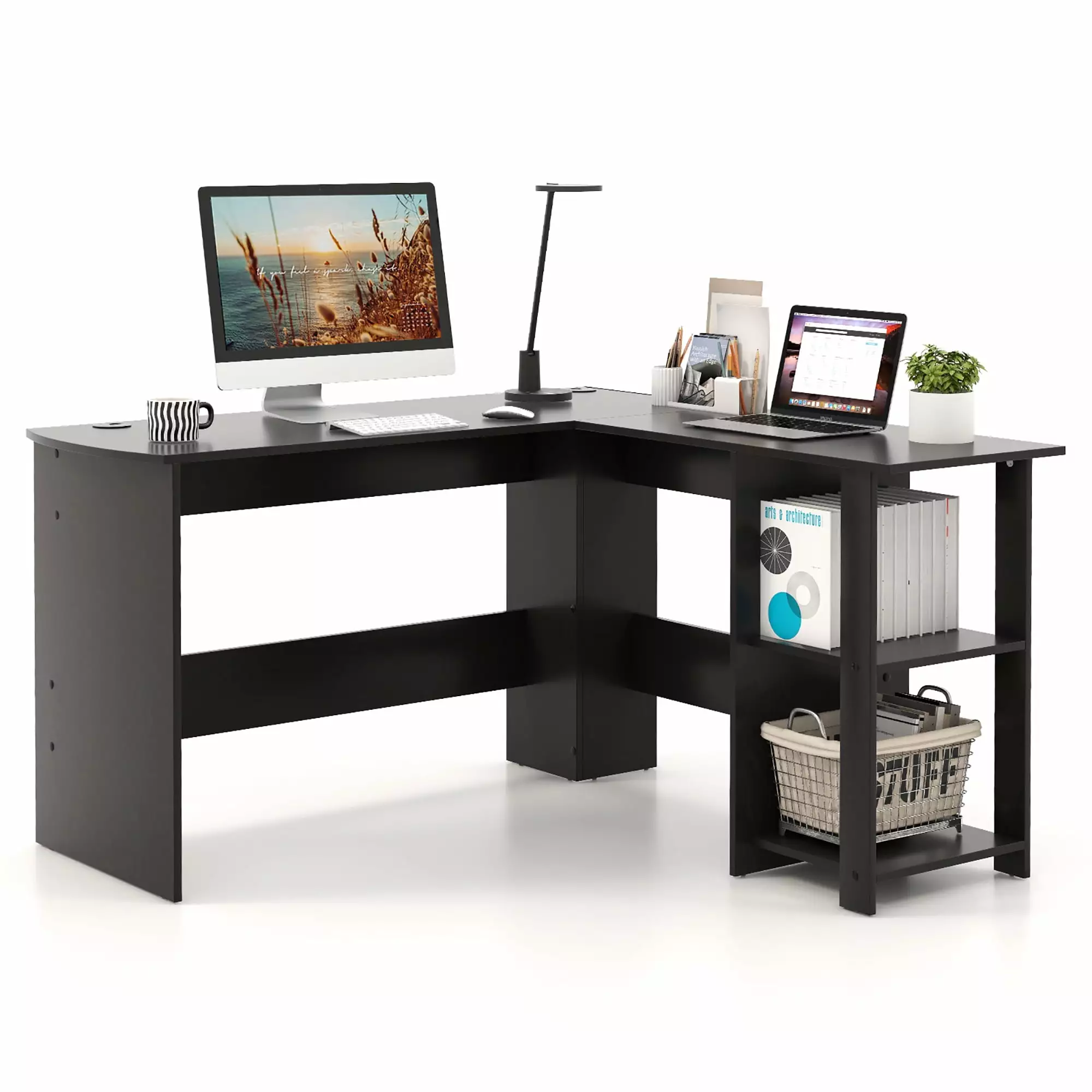 Gymax L-Shaped Computer Desk Small Space Corner Home Office Desk Shelves - Black