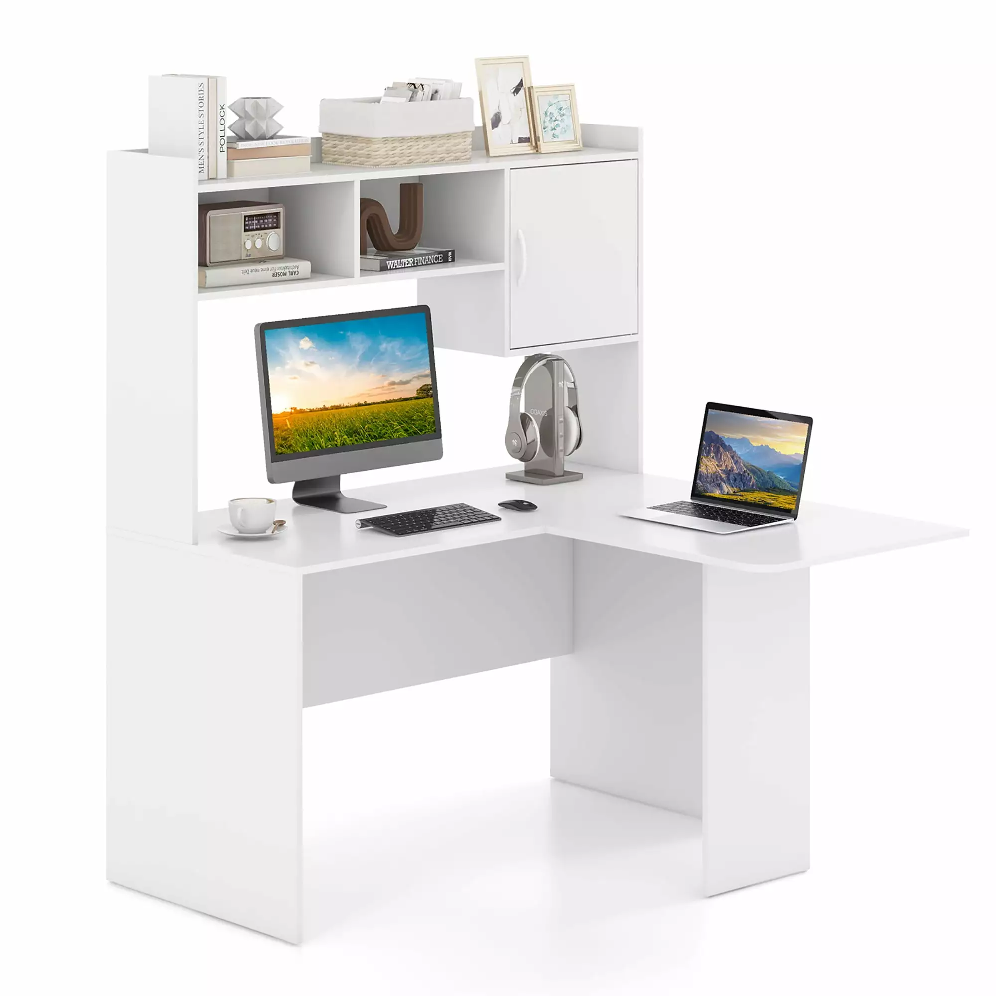 Gymax L-Shaped Desk Open Storage Hutch and Shelves Corner Office
