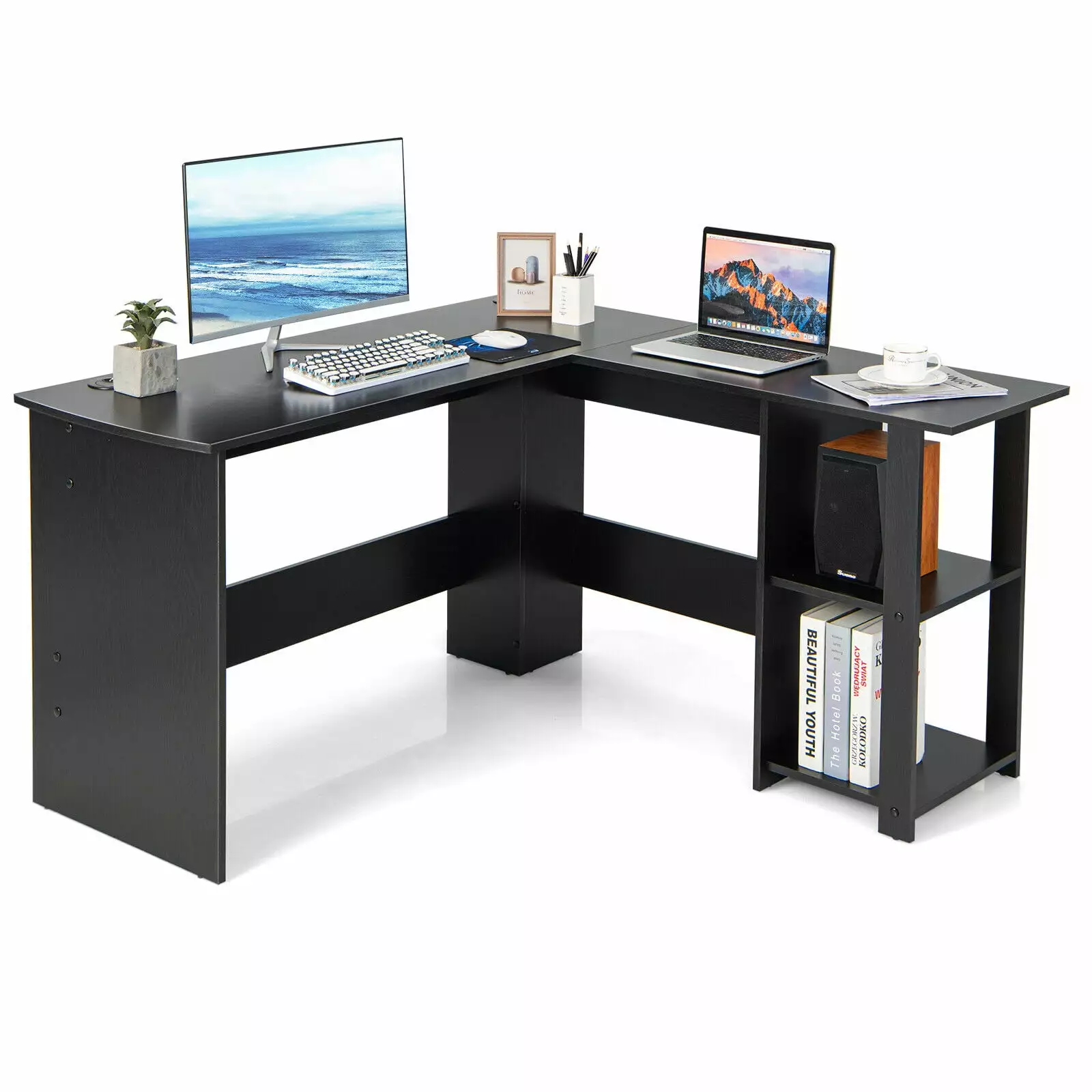 Gymax L-Shaped Office Computer Desk Spacious Desktop 2-Tier Shelves Black
