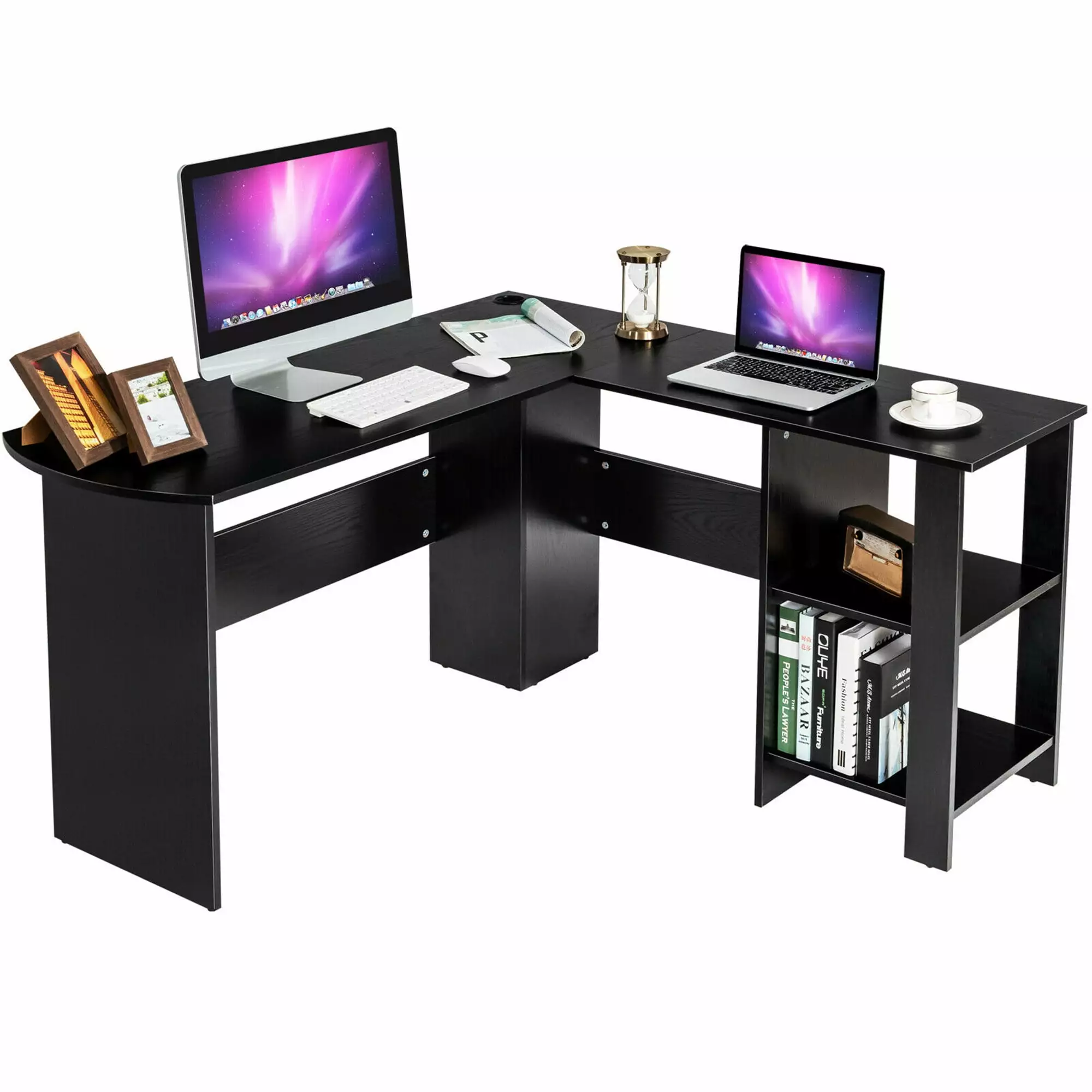 Gymax Modern L-Shaped Computer Desk Shelves Writing Study Office Corner