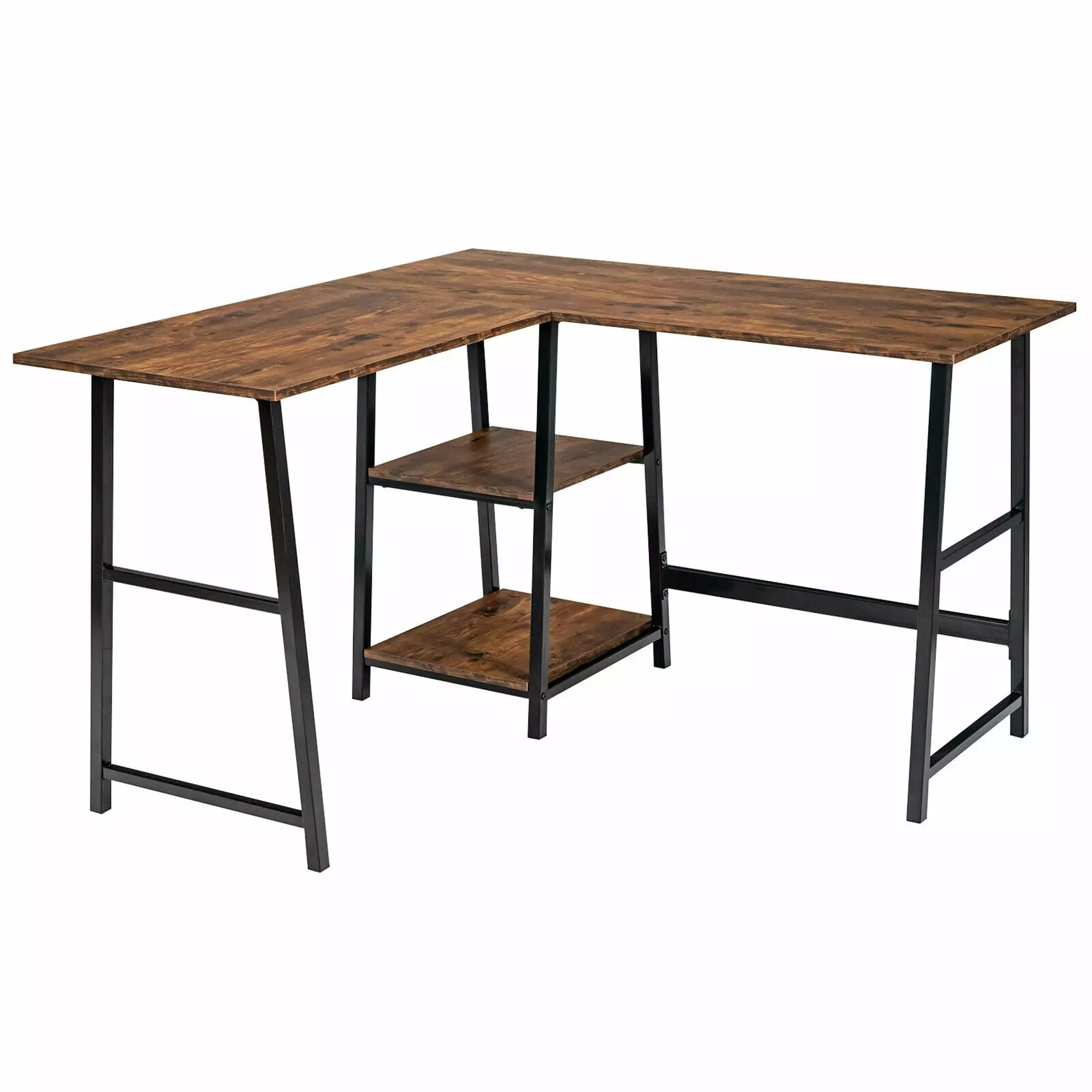 Gymax L Shaped Study Table Corner Computer Desk Storage Shelves - Brown Home Office Furniture