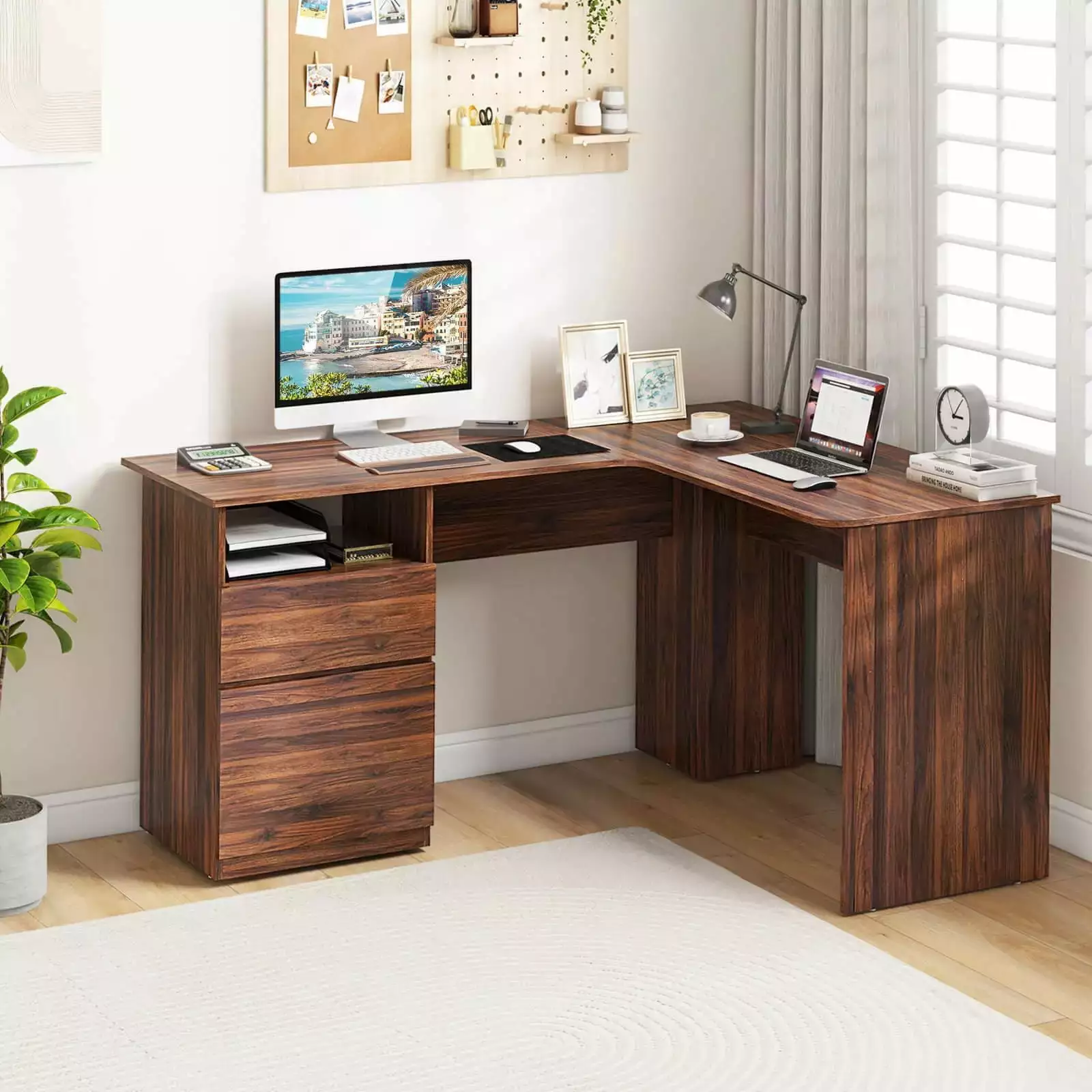Harmijoy 59 L Shaped Study Writing Desk Letter File Drawer Open Compartment Large Home Office Workstation Walnut