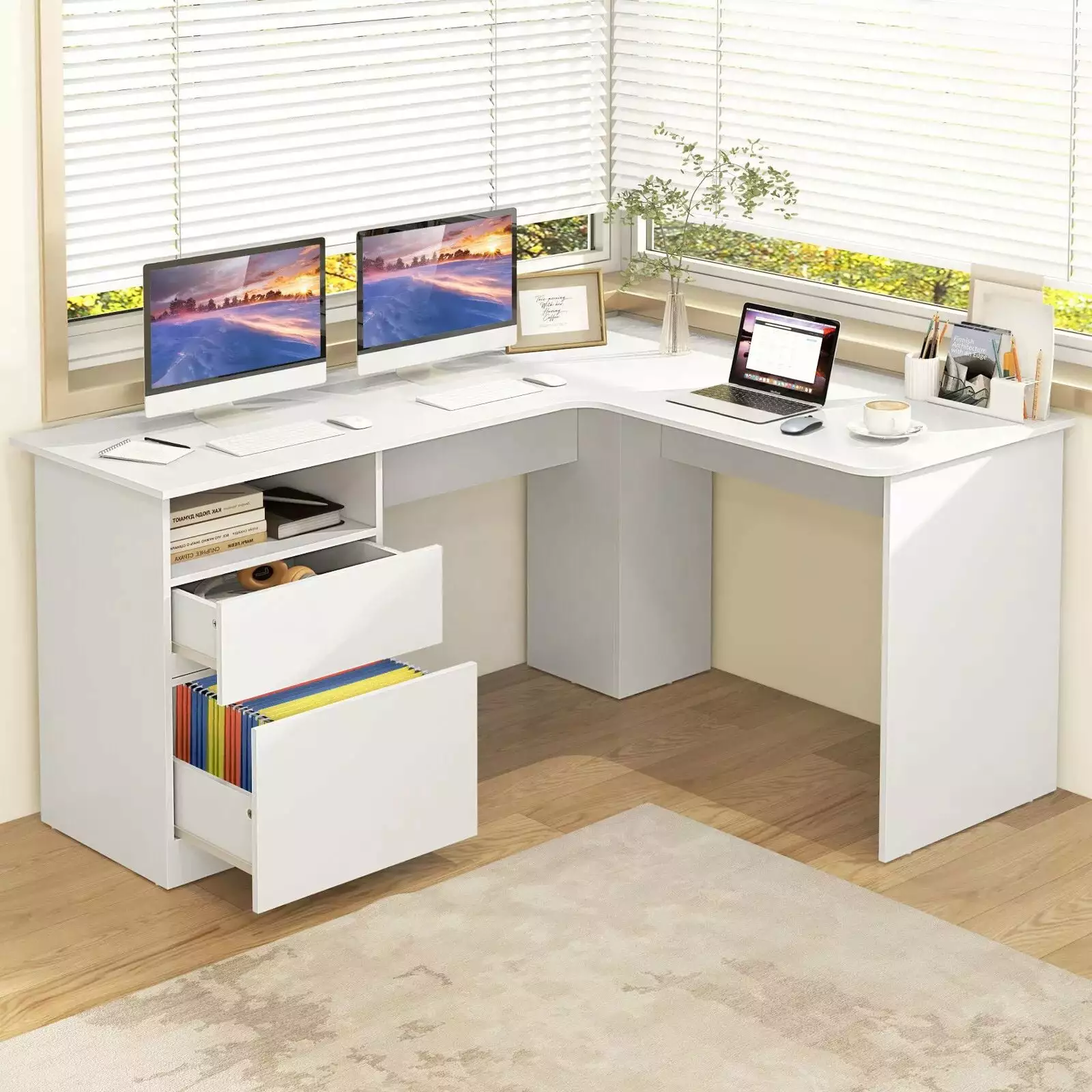 Harmijoy 59 L Shaped Study Writing Desk Letter File Drawer Open Compartment Large Home Office Workstation White