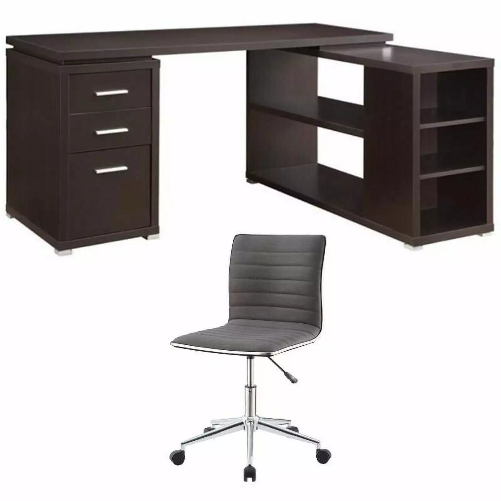 Home Square L Shaped Desk and Office Chair 2 Piece Set Cappuccino Gray Modern Workstation