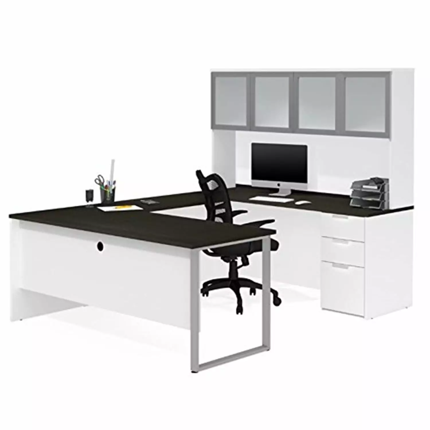 HomeStock Eclectic Exclusivity U-Desk Frosted Glass Door Hutch White & Deep Grey