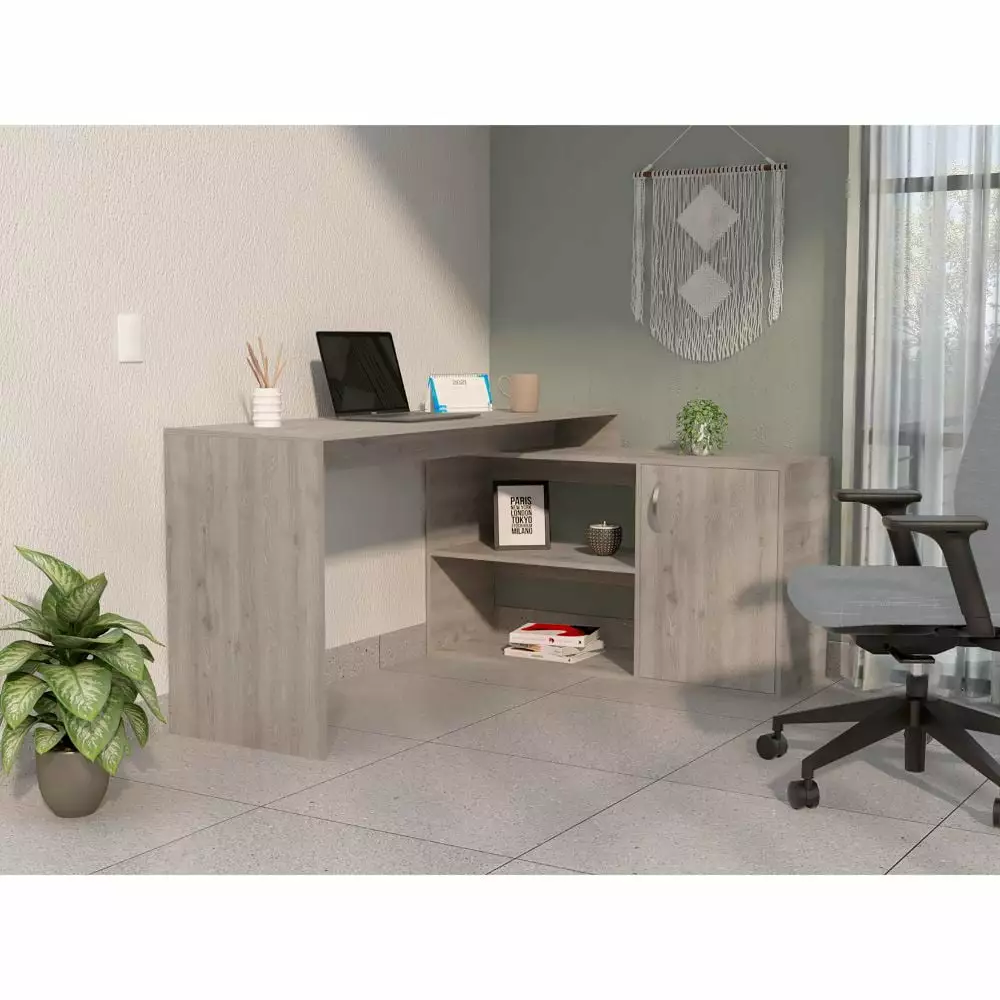 Homiyad 2-Shelf L-Shaped Writing Desk Light Gray Modern Home Office Desk