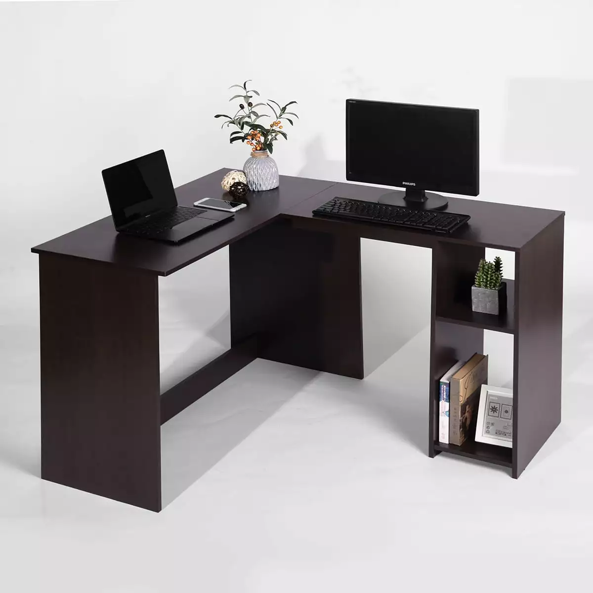 Homy Casa 47.2 L-Shaped Home Office Desk Rustic Space-Saving Corner Desk Shelves