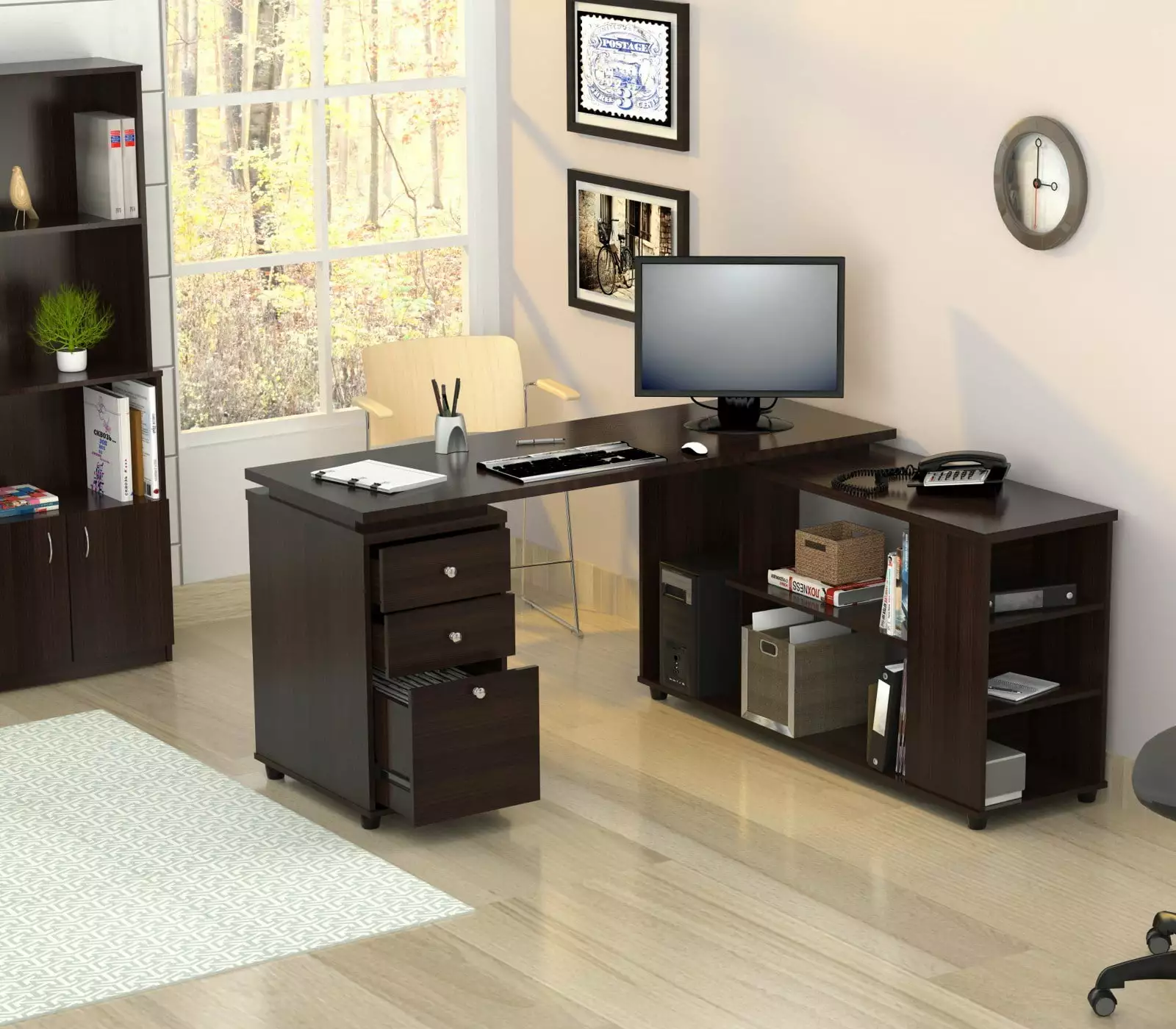 Inval Modern 3-Drawer 6-Shelf L-Shaped Desk Espresso