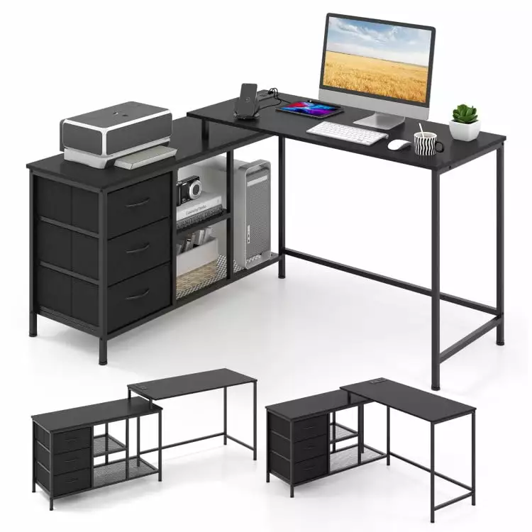 Kadyn L-Shaped Computer Desk Power Outlet Working Studying Gaming Black