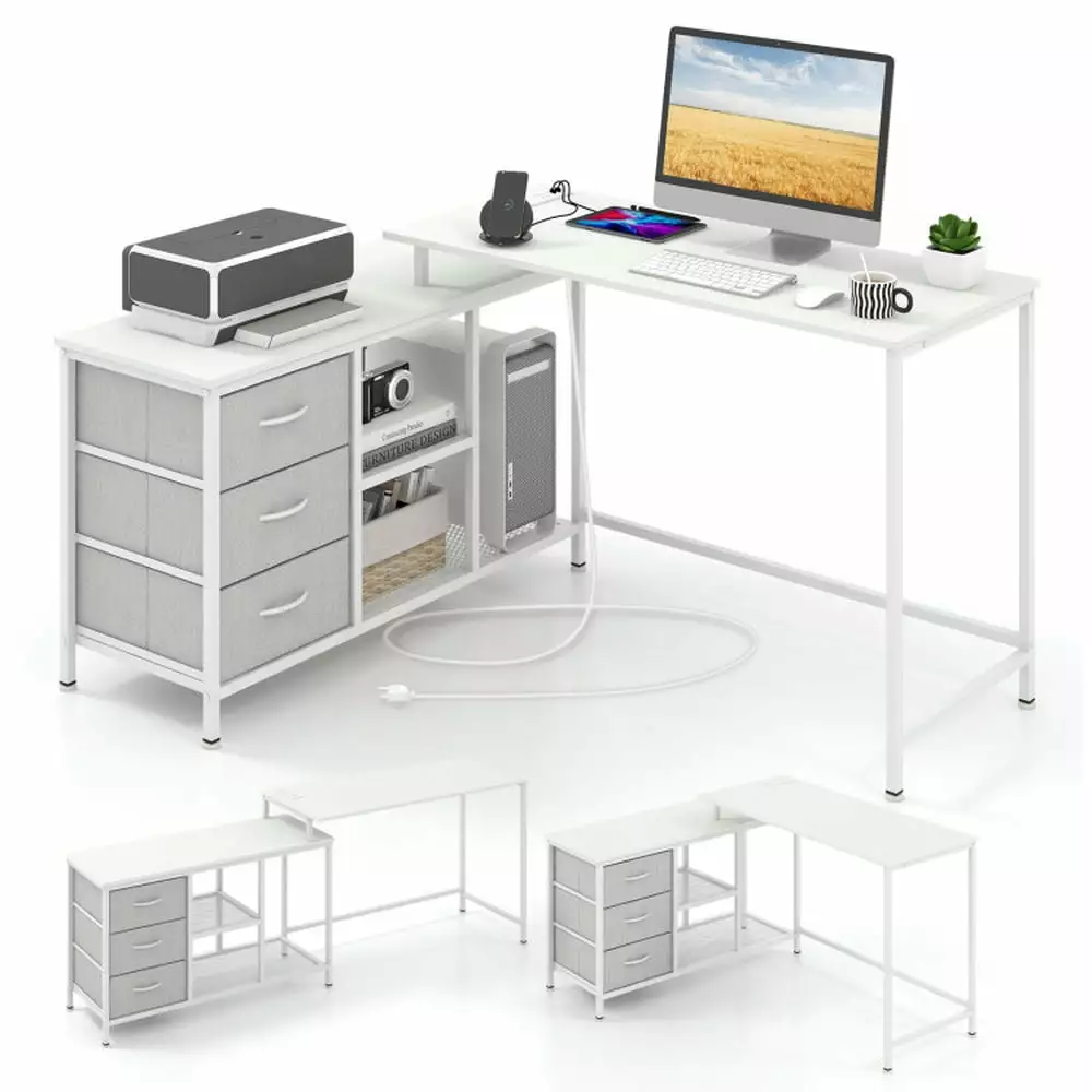 Kepooman L-shaped Computer Desk Power Outlet Working Studying Gaming White