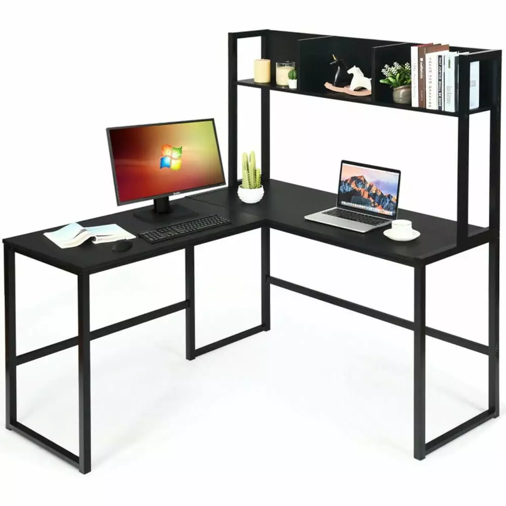 Kepooman L Shaped Computer Desk Corner Desk Study Writing Table Workstation Storage Bookshelf Black Reversible