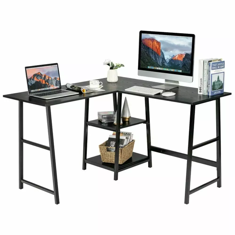 Kepooman L Shaped Computer Desk Corner Desk Storage Shelves Study Writing Table Workstation Black