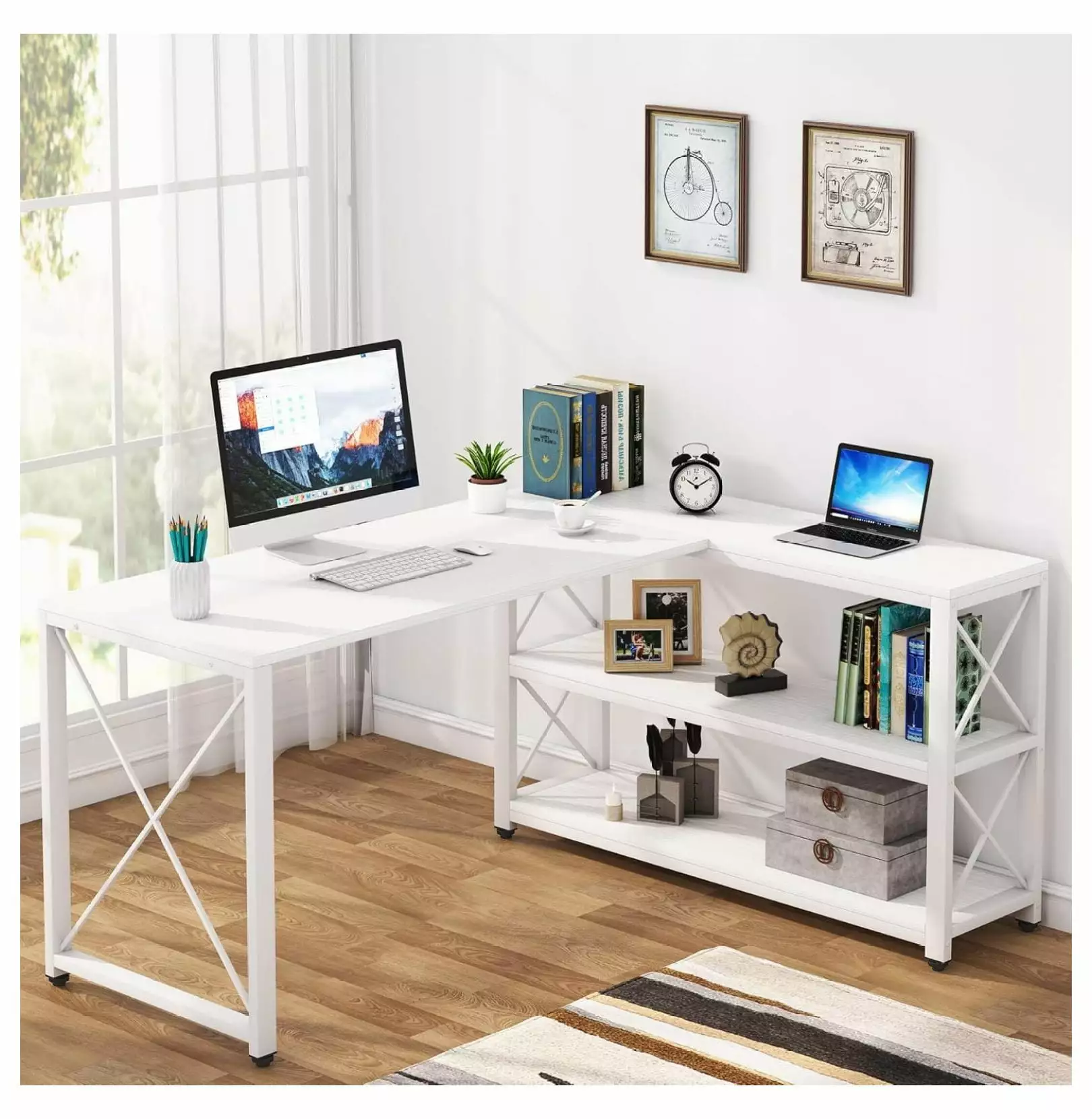 Killeryuki Reversible L-Shaped Desk Storage Shelves - Corner Computer Desk Home Office Small Space White 59 Inch