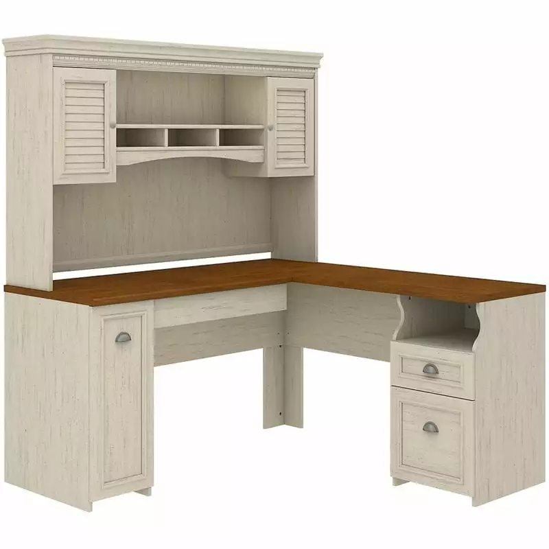 Kingfisher Lane L Shaped Desk Hutch Antique White Engineered Wood