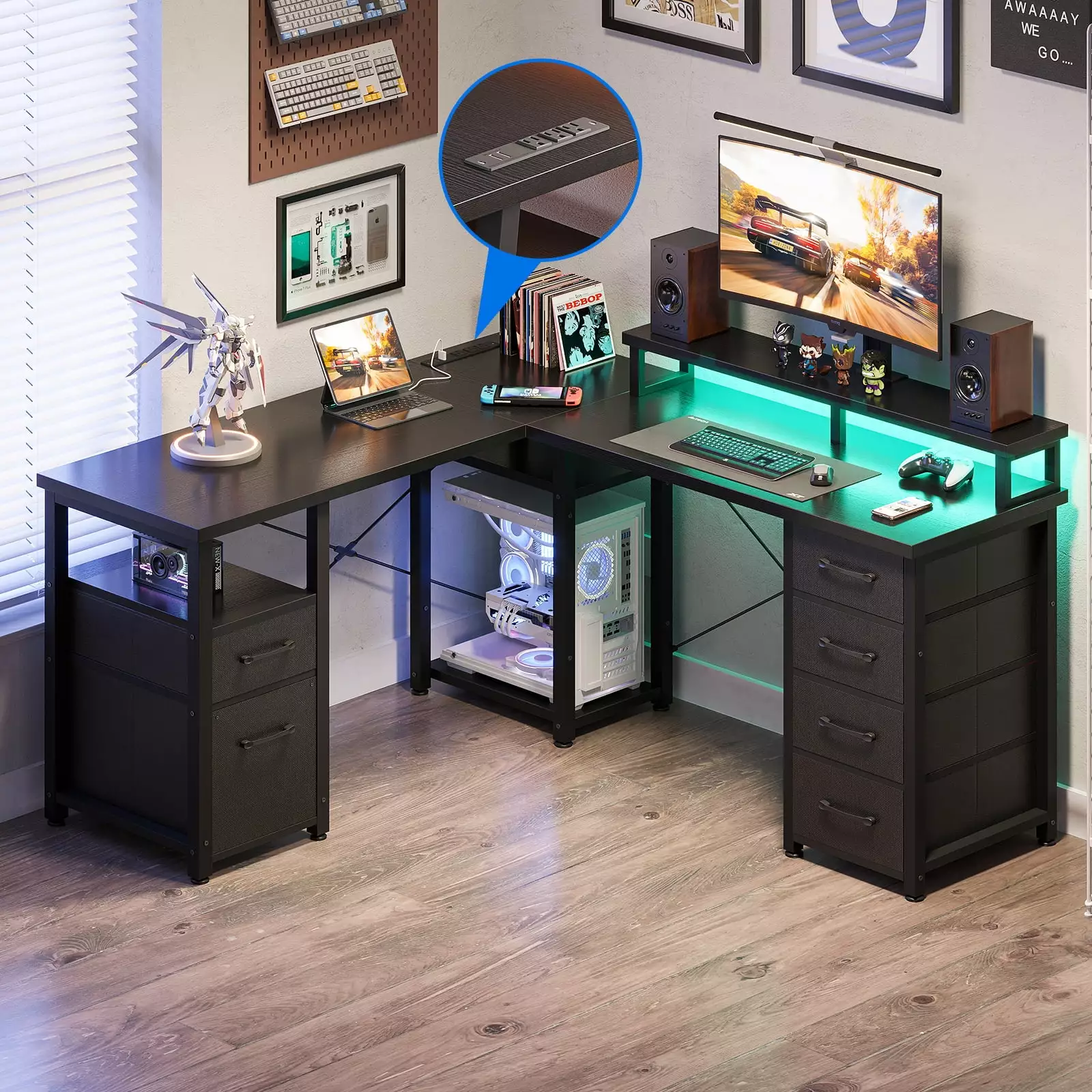 L Shaped Desk Drawer 59 inch Computer Desk Monitor Stand Reversible Corner Desk Black KKL