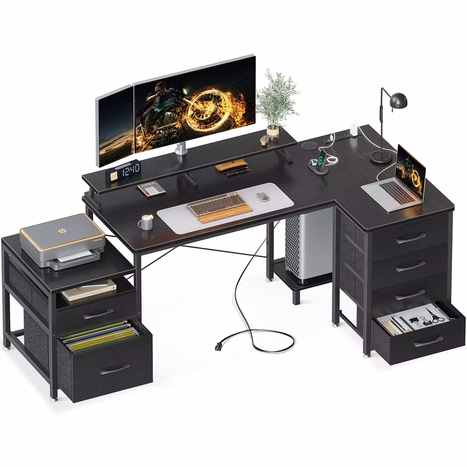 L Shaped Desk 6 Drawers Power Outlet 55 Computer Desk File Drawer Monitor Shelf Black KKL