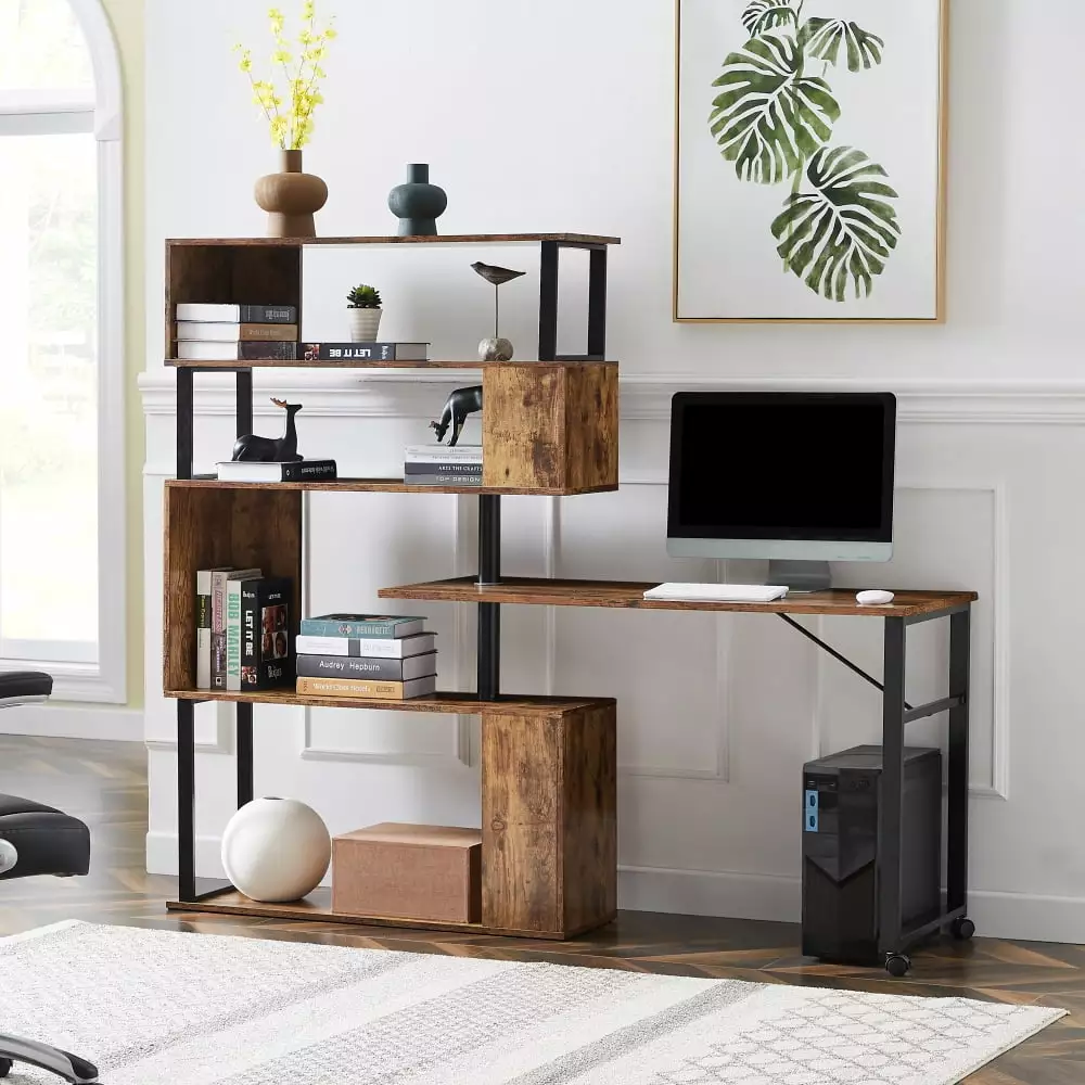 L Shape Computer Desk 5 Tier Bookshelf Lockable Casters Corner Table Rotating Design Kojooin